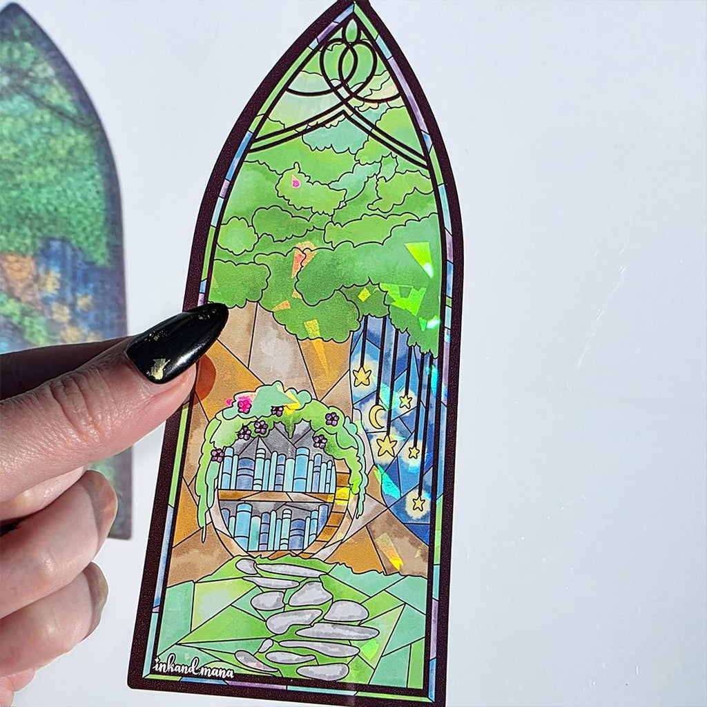Cozy Forest Library Stained Glass Style Bookmark: Handmade with Holographic Art 3