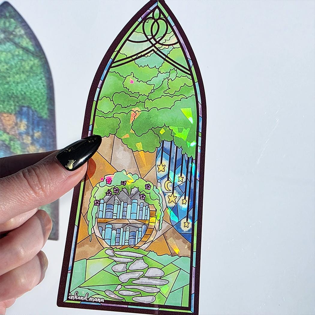 Cozy Forest Library Stained Glass Style Bookmark: Handmade with Holographic Art 3