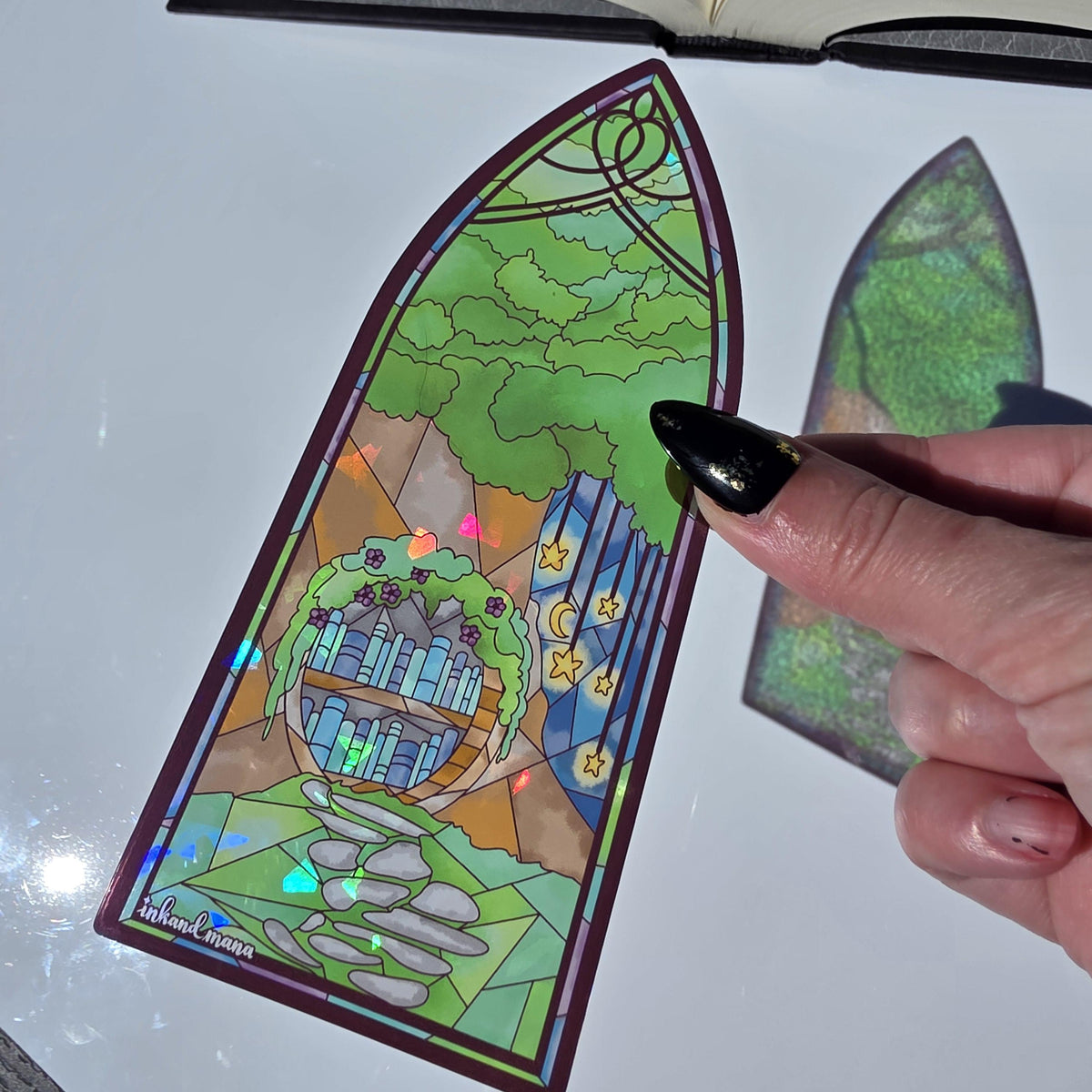 Cozy Forest Library Stained Glass Style Bookmark: Handmade with Holographic Art 9