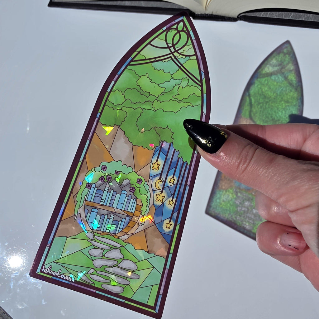 Cozy Forest Library Stained Glass Style Bookmark: Handmade with Holographic Art 10
