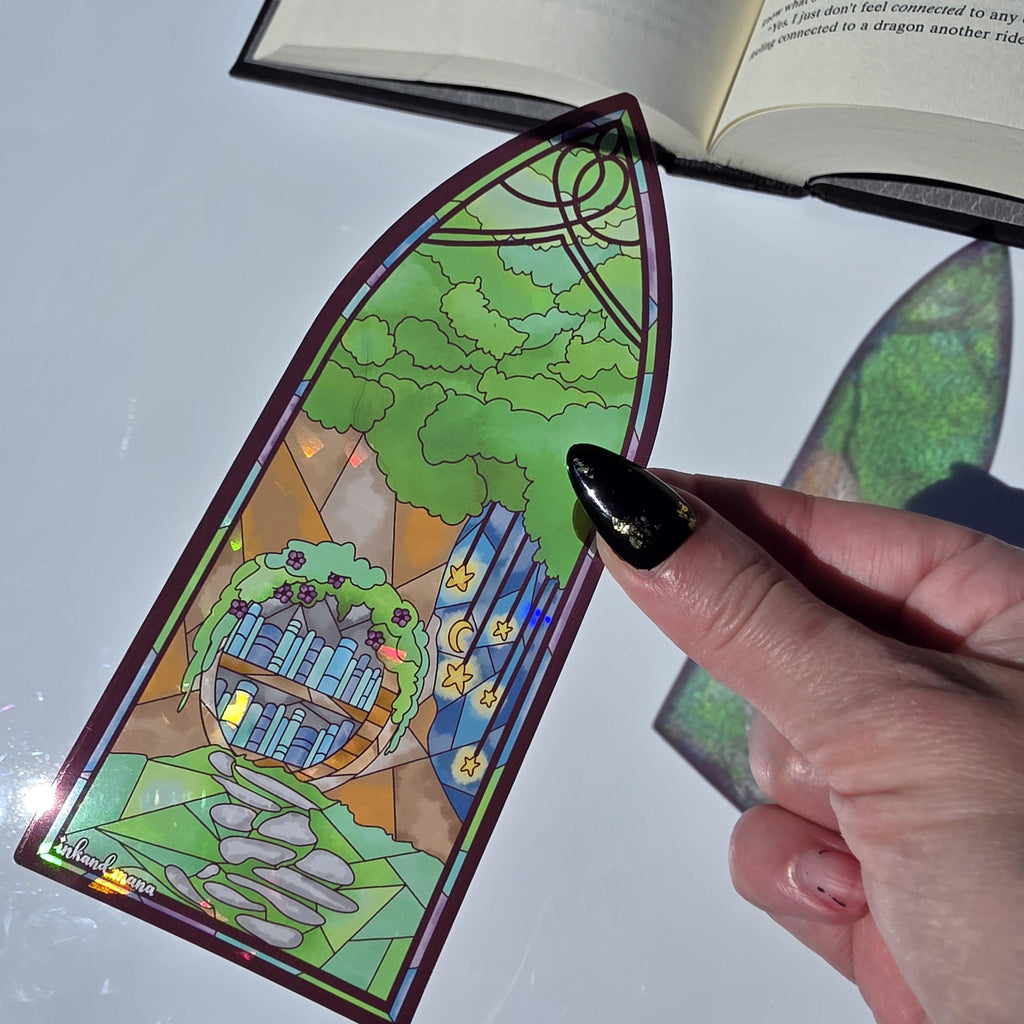 Cozy Forest Library Stained Glass Style Bookmark: Handmade with Holographic Art 12
