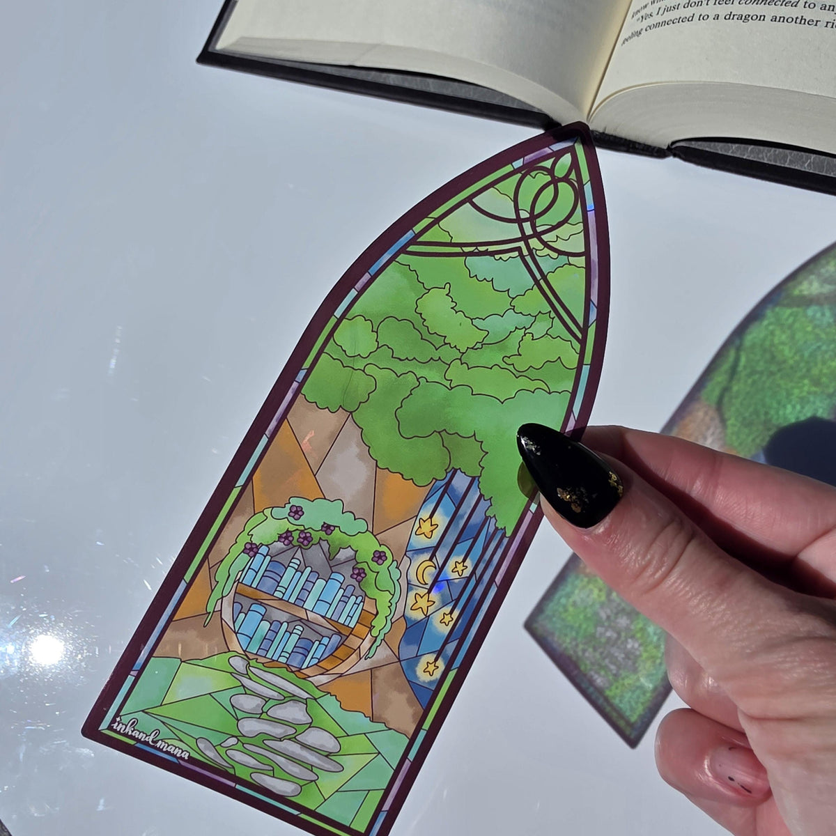 Cozy Forest Library Stained Glass Style Bookmark: Handmade with Holographic Art 13