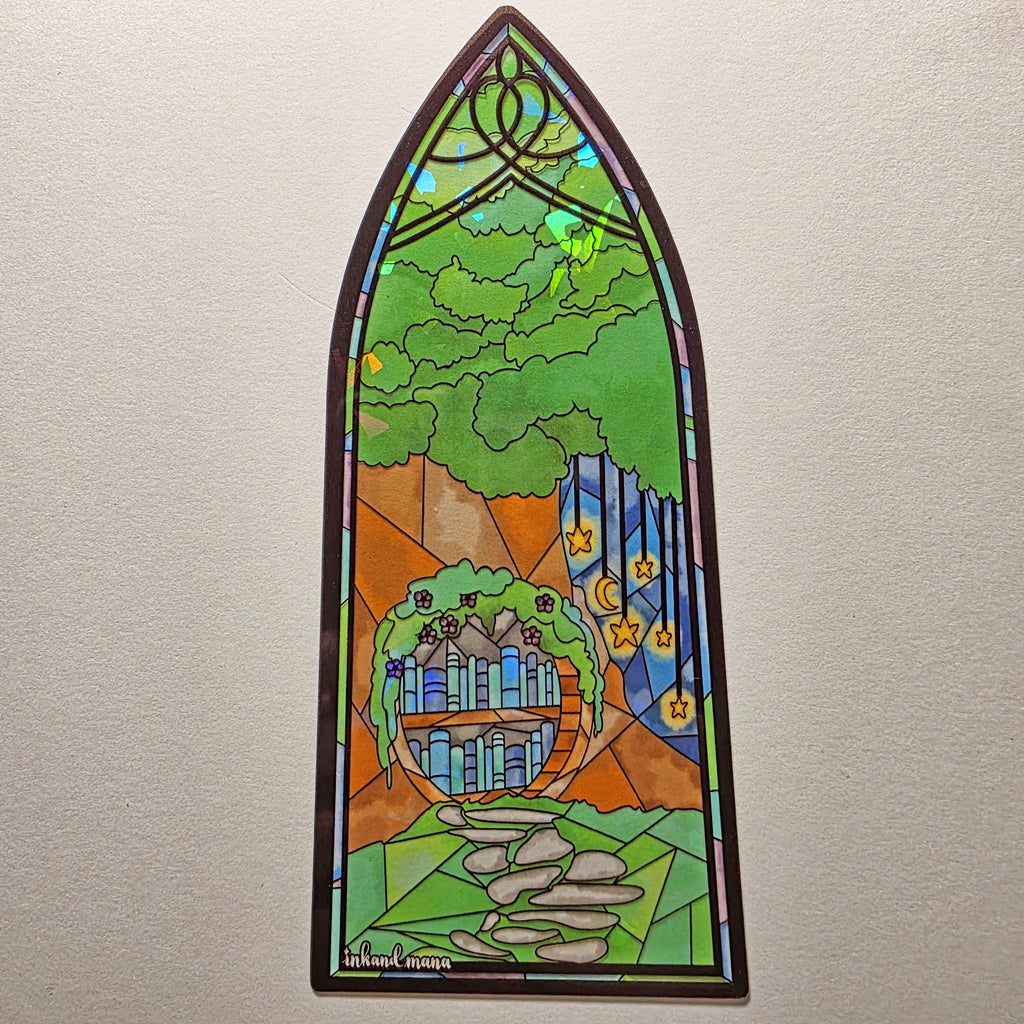 Cozy Forest Library Stained Glass Style Bookmark: Handmade with Holographic Art 5