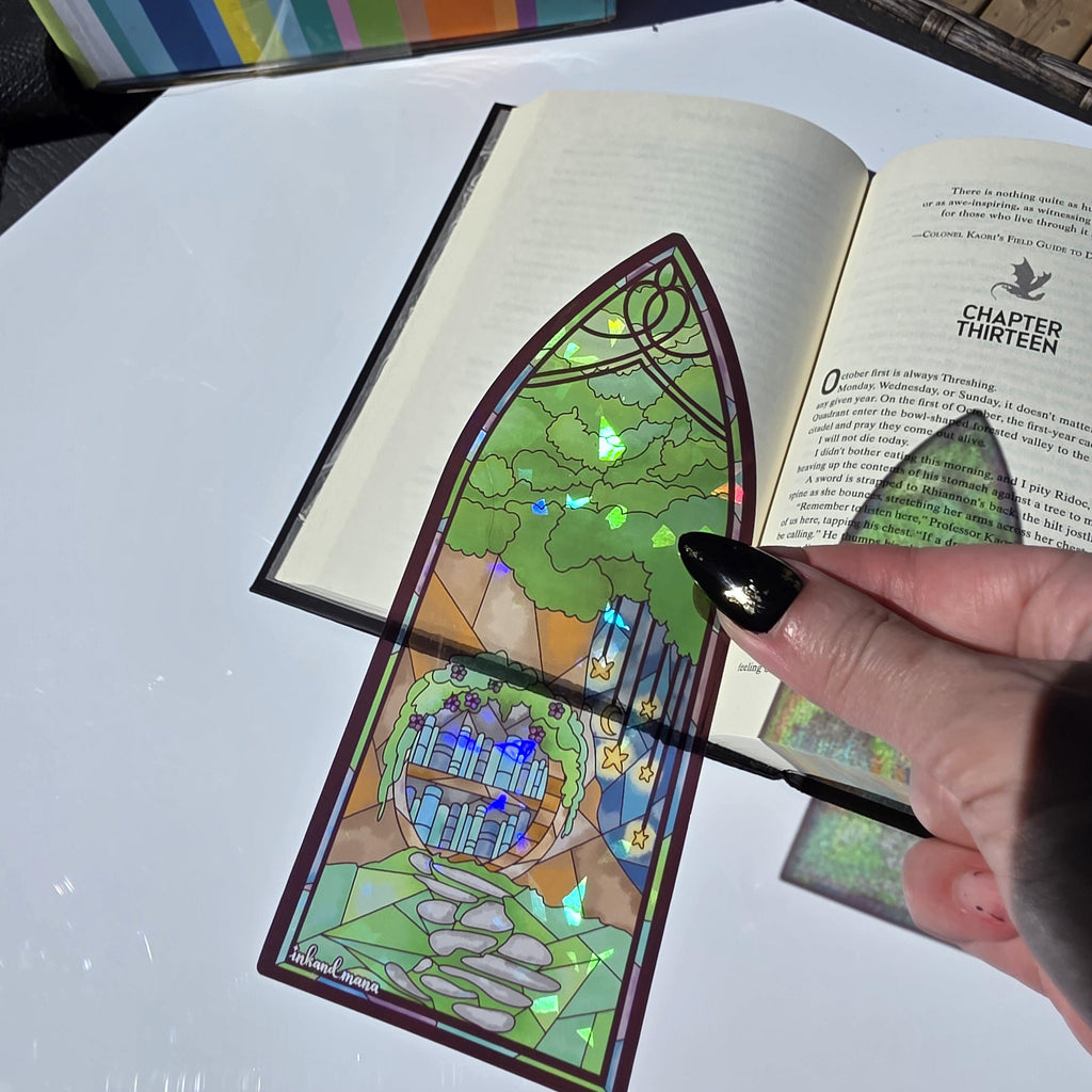 Cozy Forest Library Stained Glass Style Bookmark: Handmade with Holographic Art 15