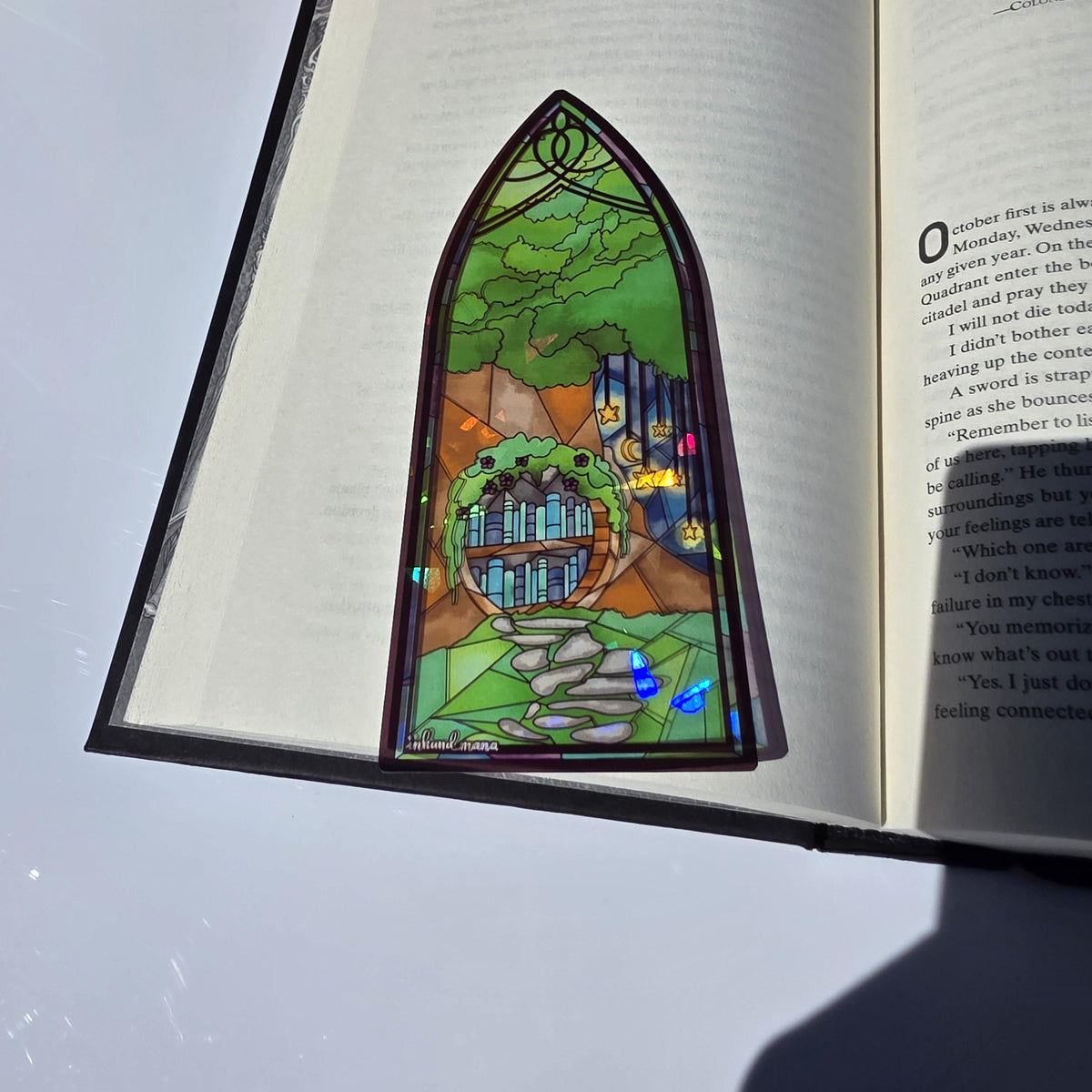 Cozy Forest Library Stained Glass Style Bookmark: Handmade with Holographic Art 7