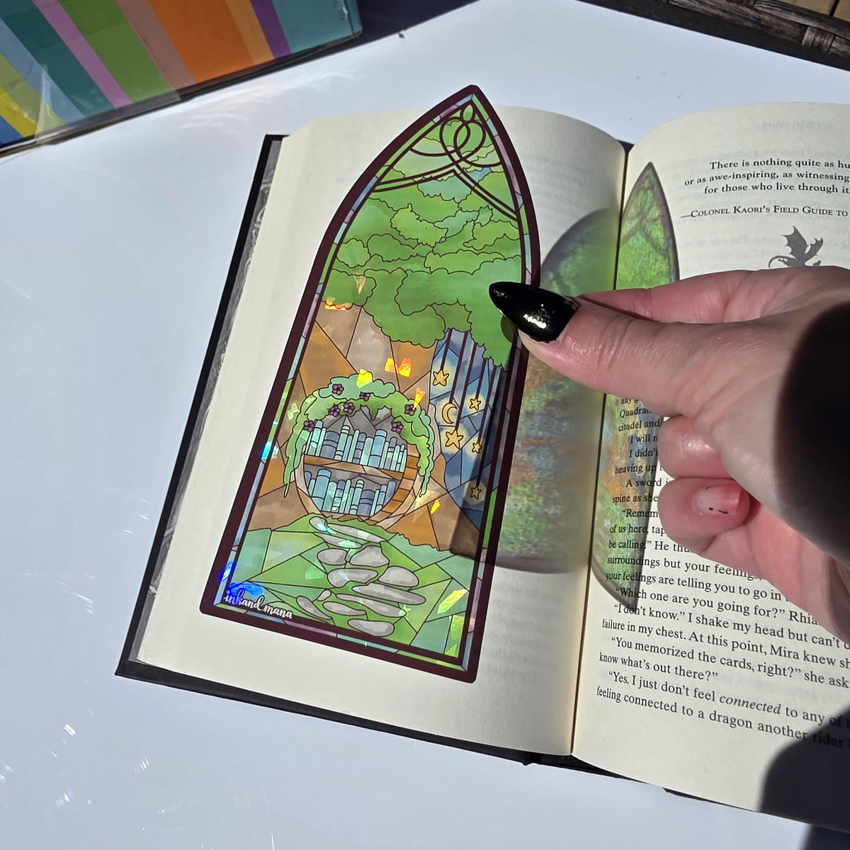 Cozy Forest Library Stained Glass Style Bookmark: Handmade with Holographic Art 6