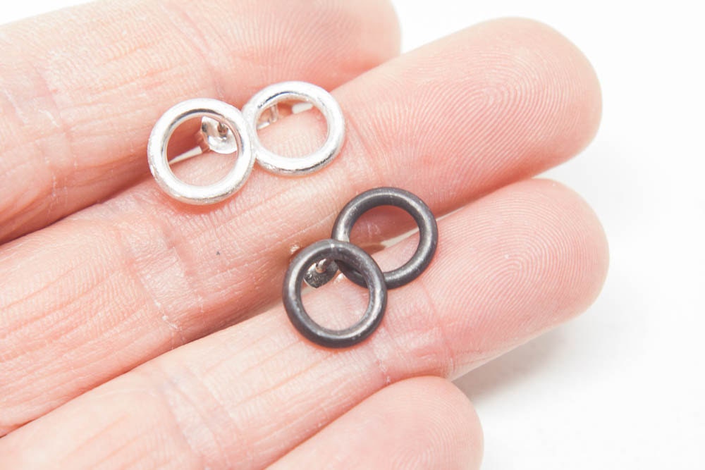 Black Circle Stud Earrings: Handmade Recycled Sterling Silver