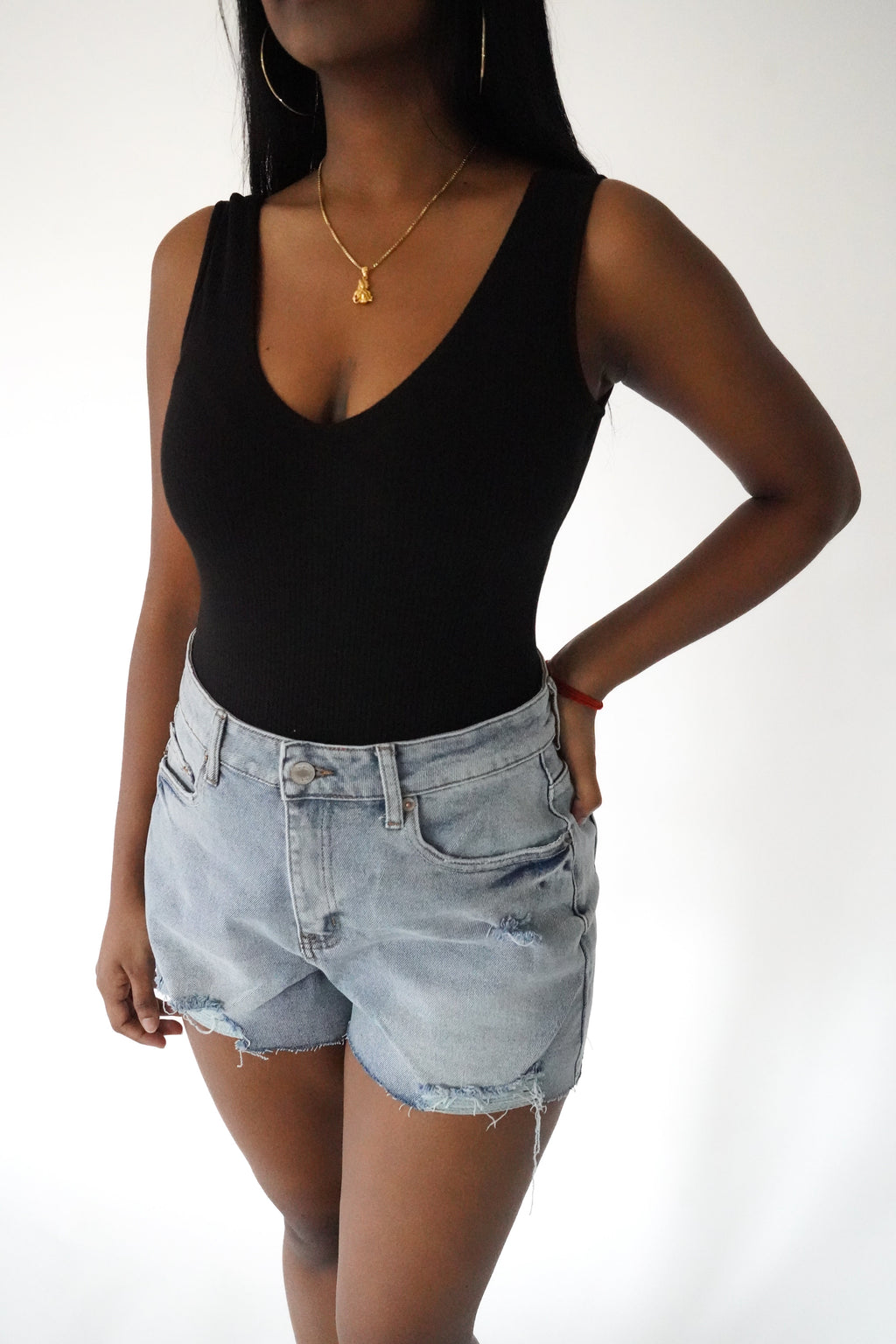 Black Ribbed V-Neck Bodysuit