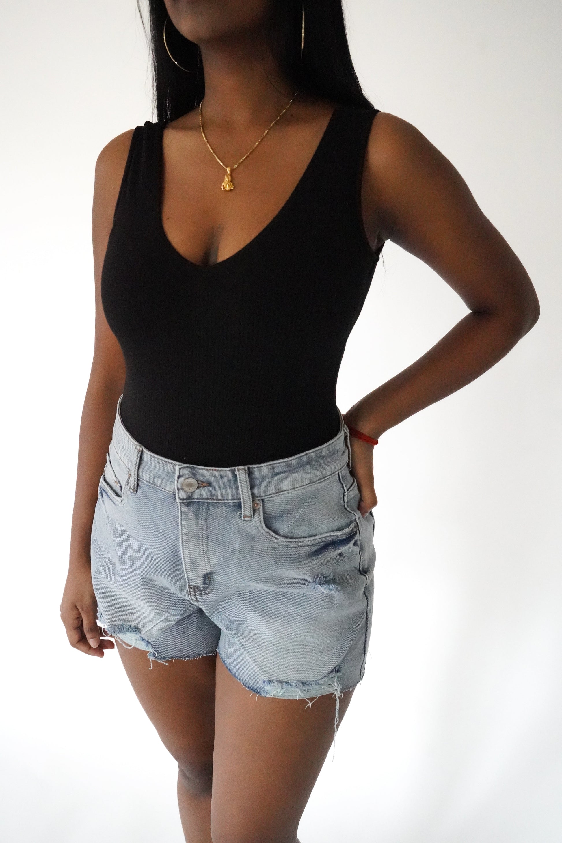 Black Ribbed V-Neck Bodysuit