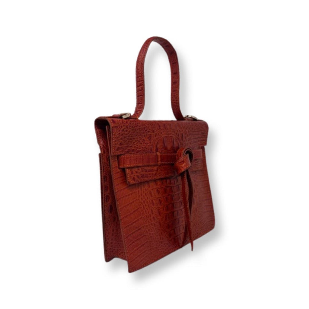 Roxanne Genuine Leather Handbag, Red Crocodile Embossed