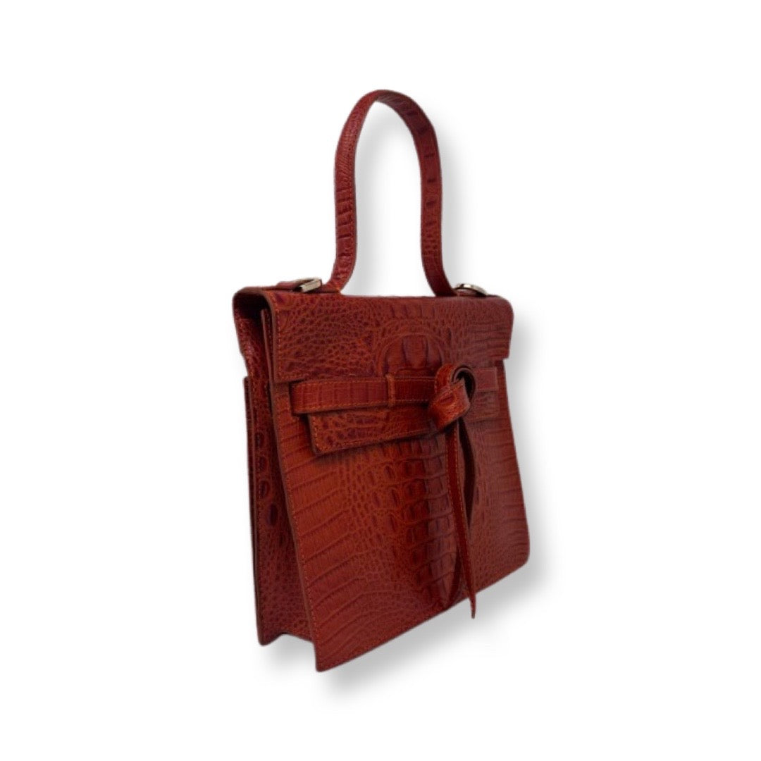 Roxanne Genuine Leather Handbag, Red Crocodile Embossed