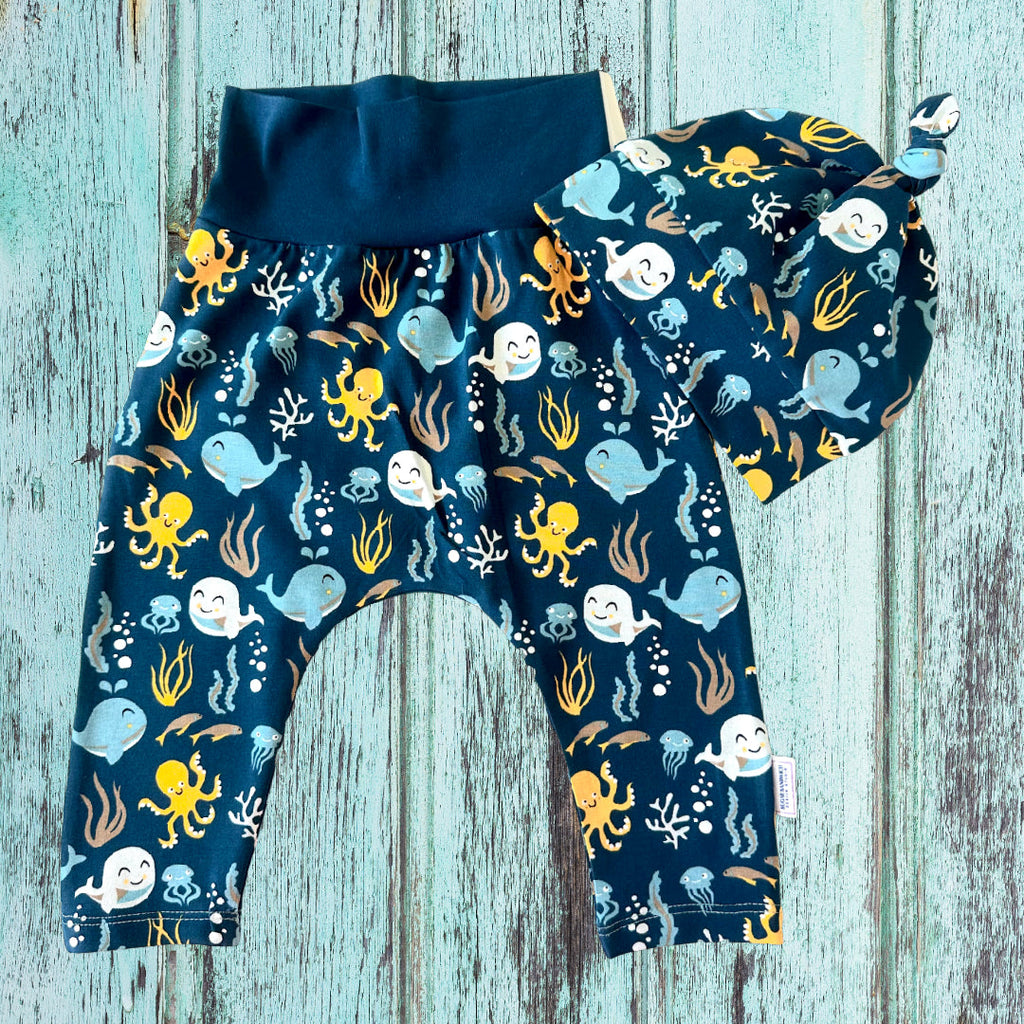 Cute Ocean Theme Organic Cotton Cuffless Harem Pants with Matching Top Knot Hat