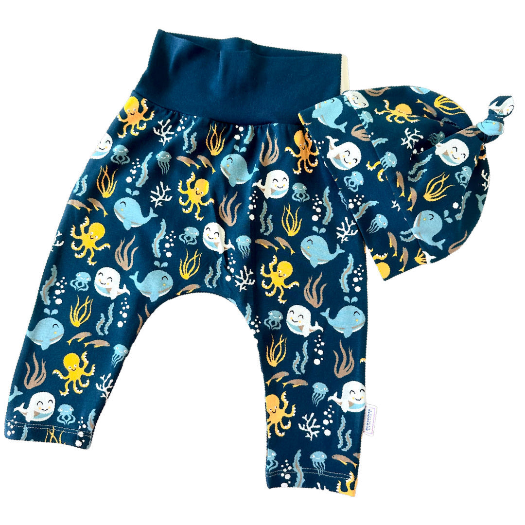 Cute Ocean Theme Organic Cotton Cuffless Harem Pants with Matching Top Knot Hat