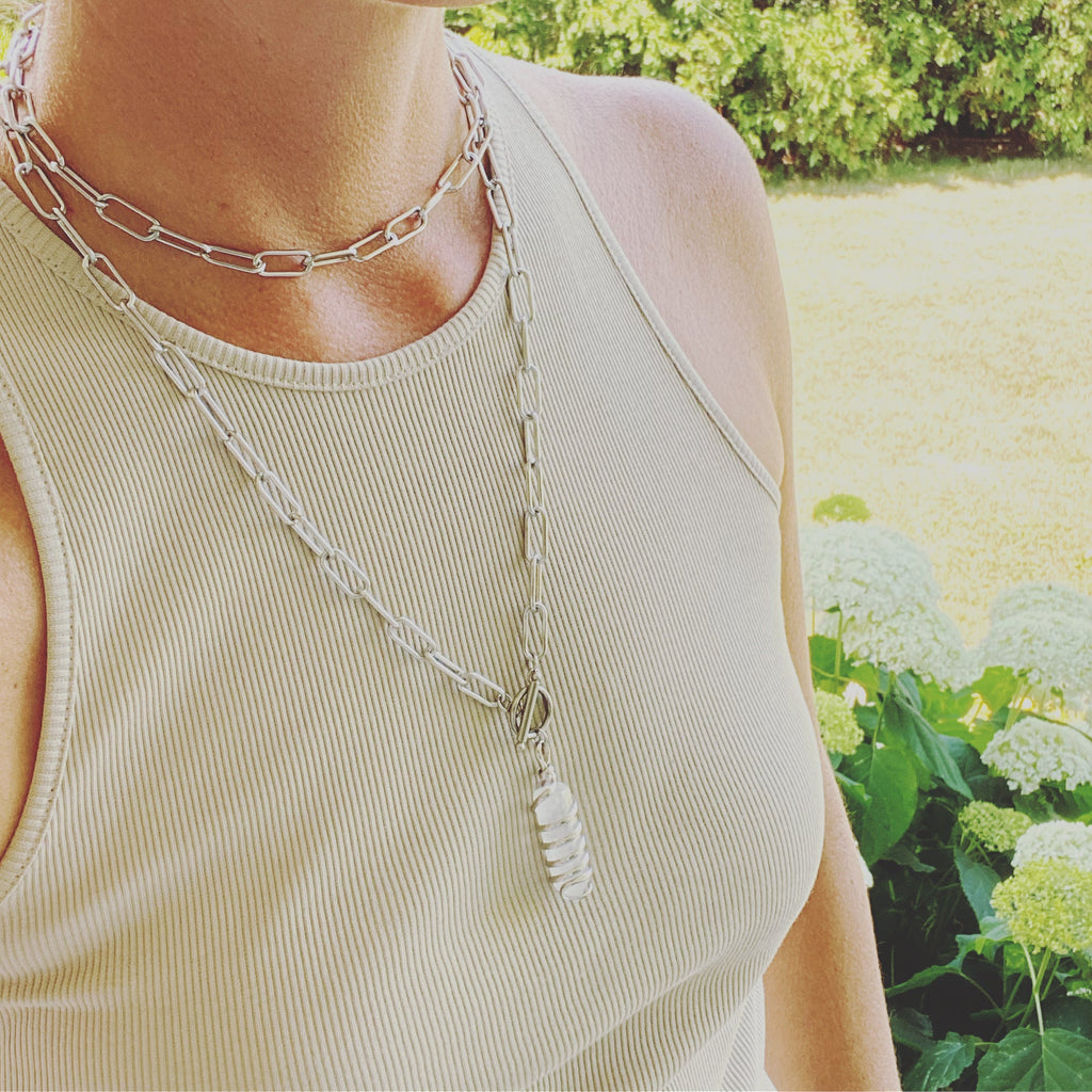Clear Quartz Double Wrap Paper Clip Necklace in Silver