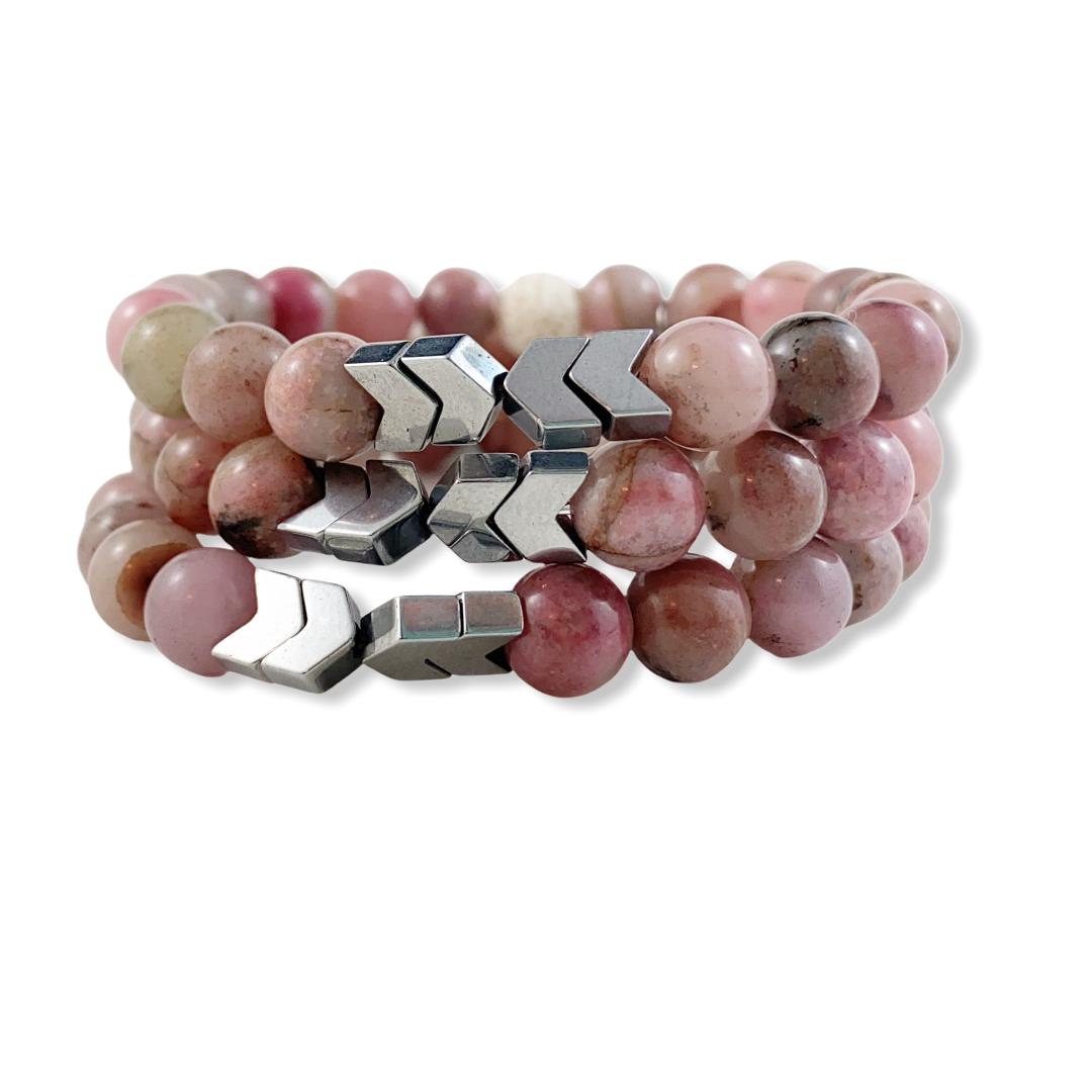 Pink Rhodonite with Silver Chevron Bracelet