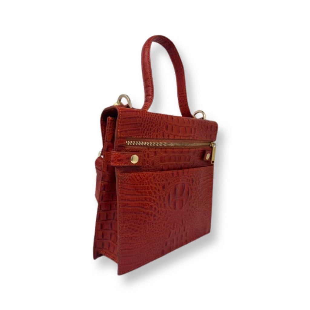 Roxanne Genuine Leather Handbag, Red Crocodile Embossed