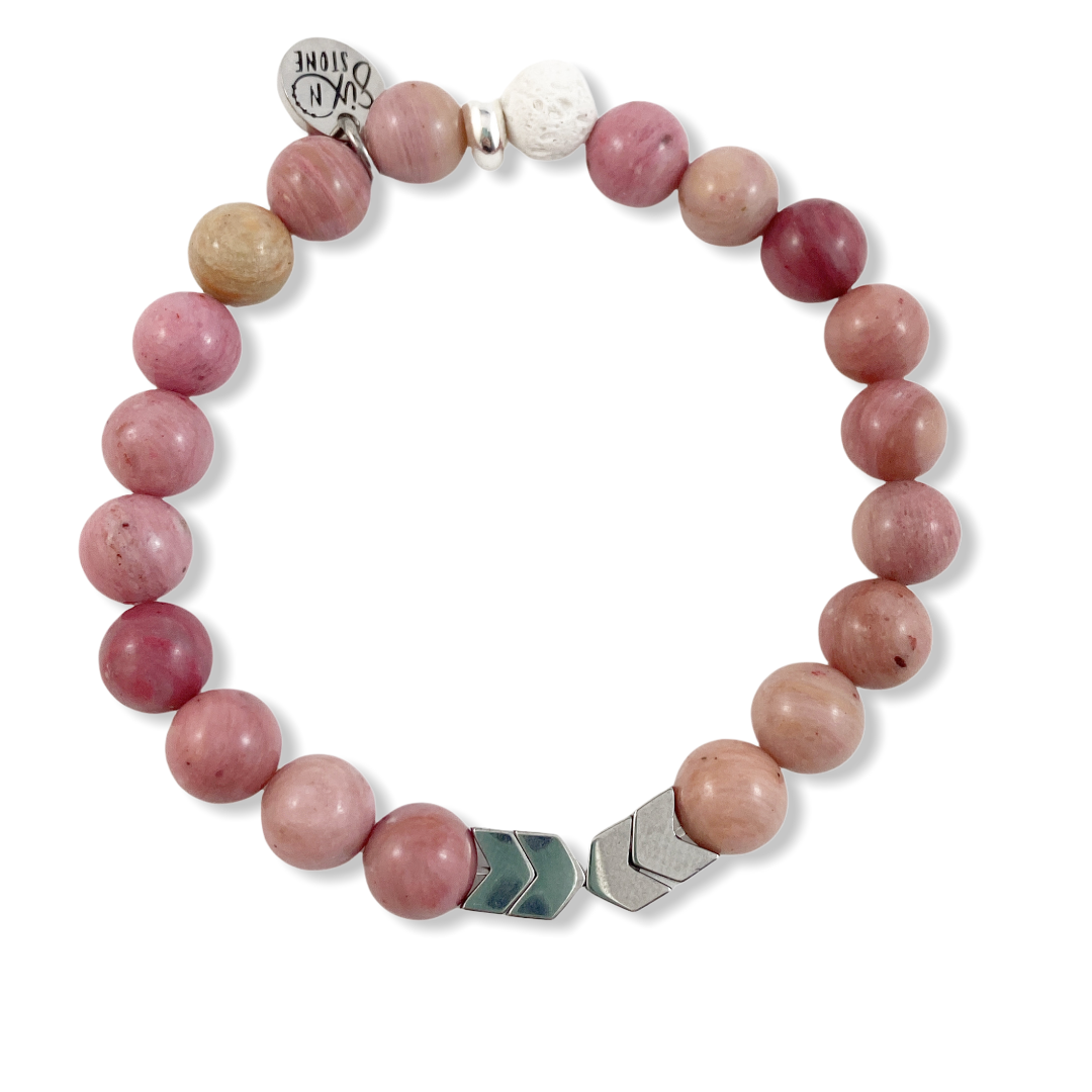 Pink Rhodonite with Silver Chevron Bracelet