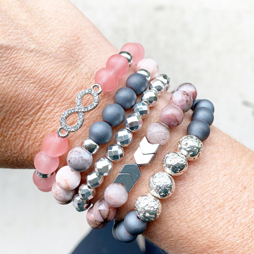 Pink Rhodonite with Silver Chevron Bracelet