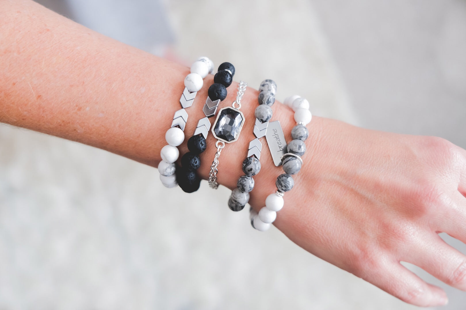 White Marbled Howlite Lava Bracelet with Silver Chevron