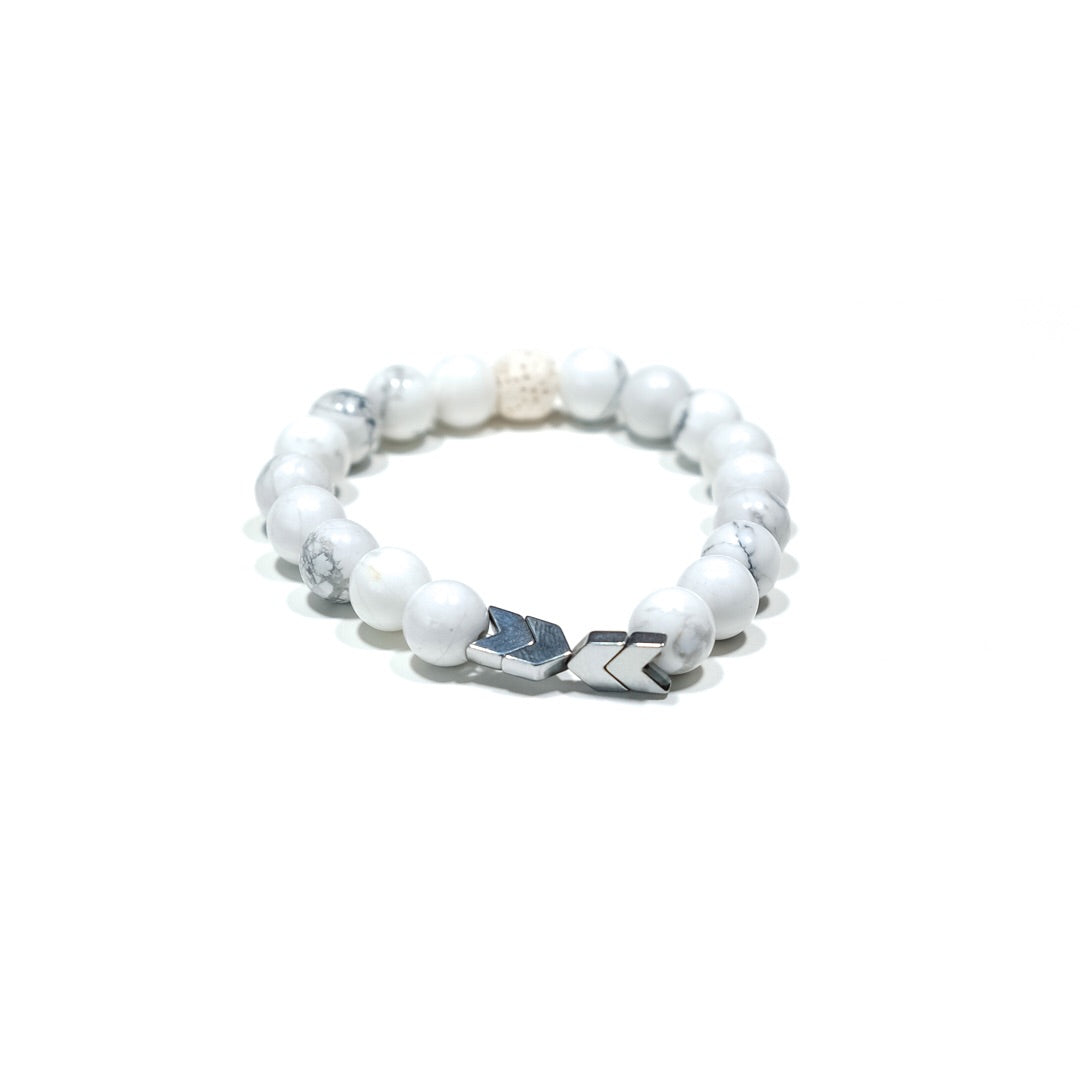 White Marbled Howlite Lava Bracelet with Silver Chevron