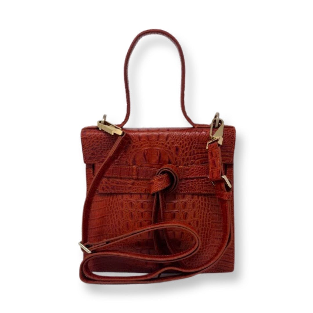 Roxanne Genuine Leather Handbag, Red Crocodile Embossed