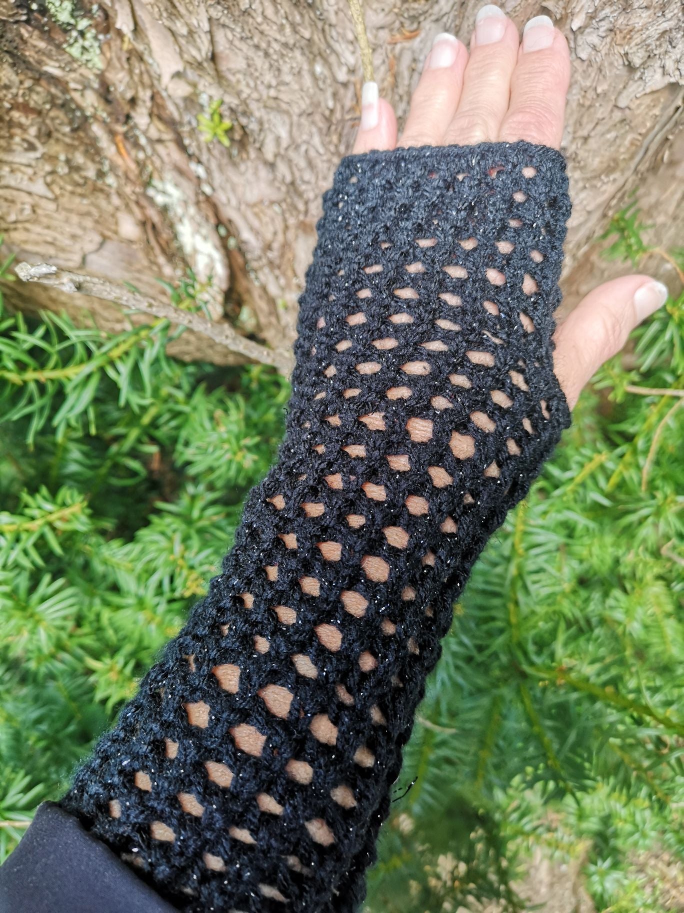 Black Metallic Handmade Ajour Net Knit Fingerless Gloves