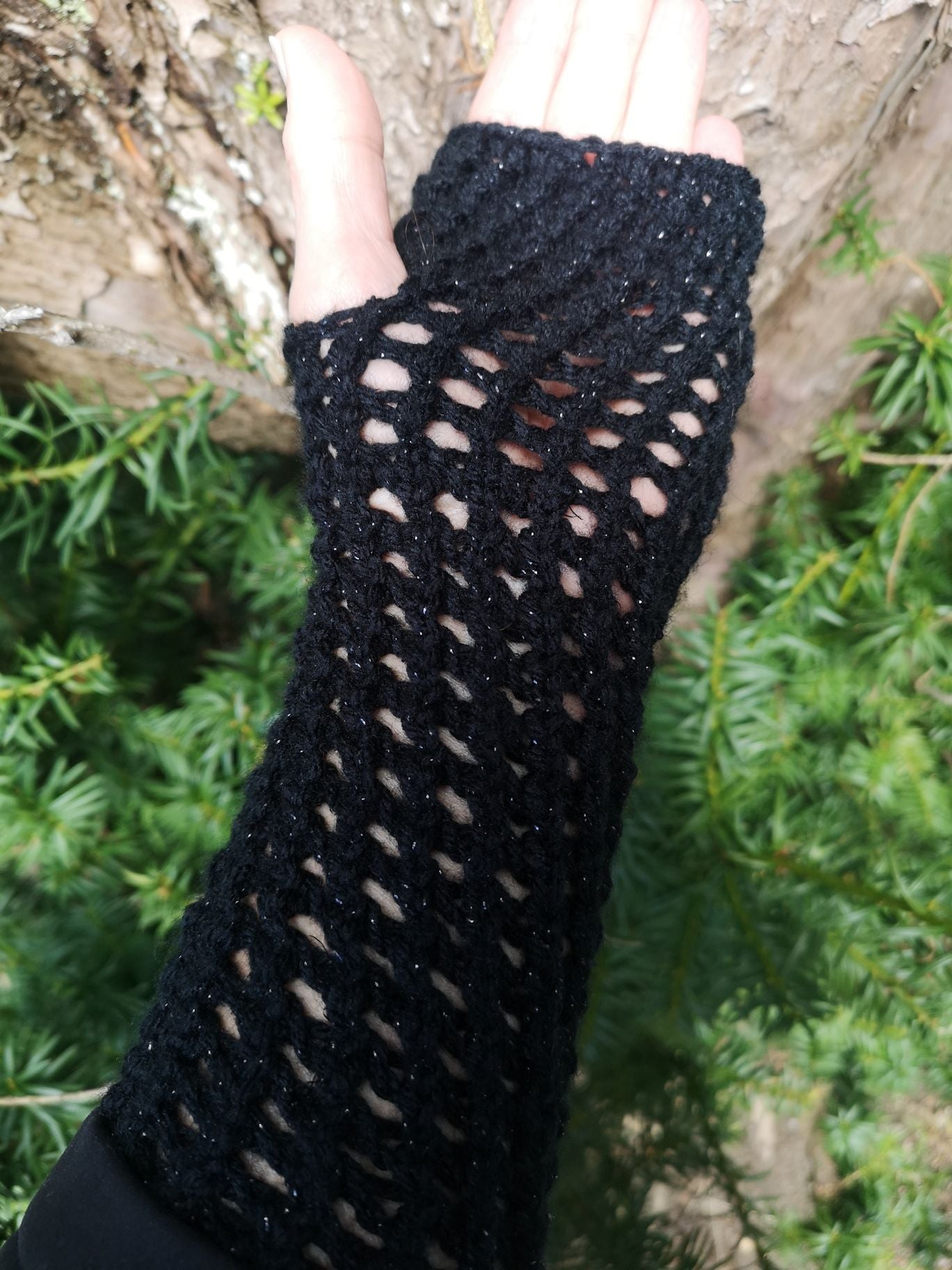 Black Metallic Handmade Ajour Net Knit Fingerless Gloves