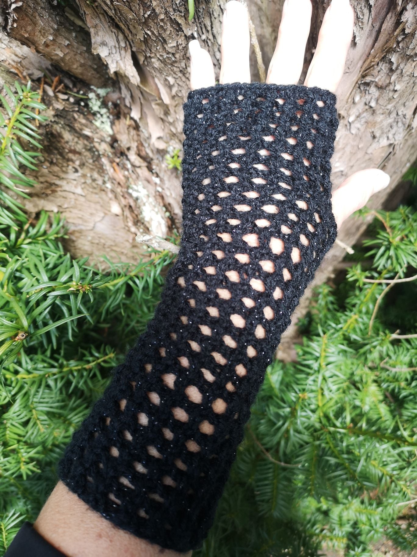 Black Metallic Handmade Ajour Net Knit Fingerless Gloves