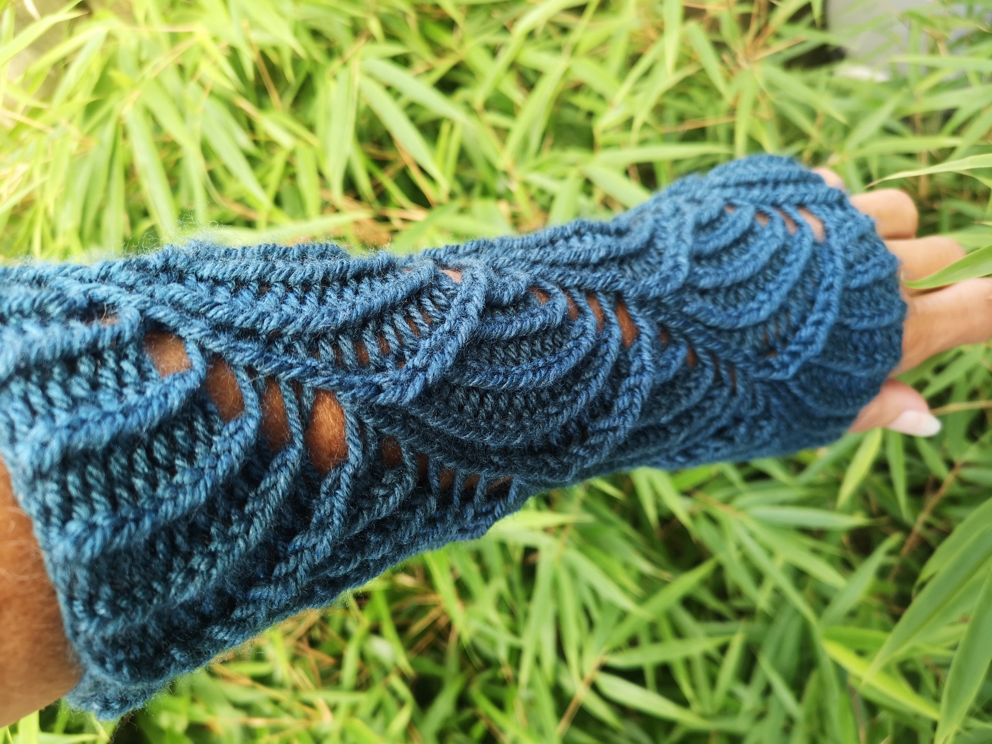 Peacock Blue Waves Hand Knit Fingerless Armwarmer