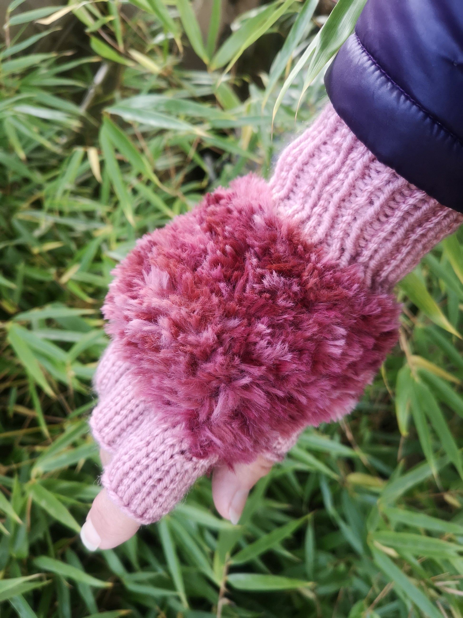 Rose Pink Handmade Knitted Fuzzy Plush Half Finger Texting Gloves
