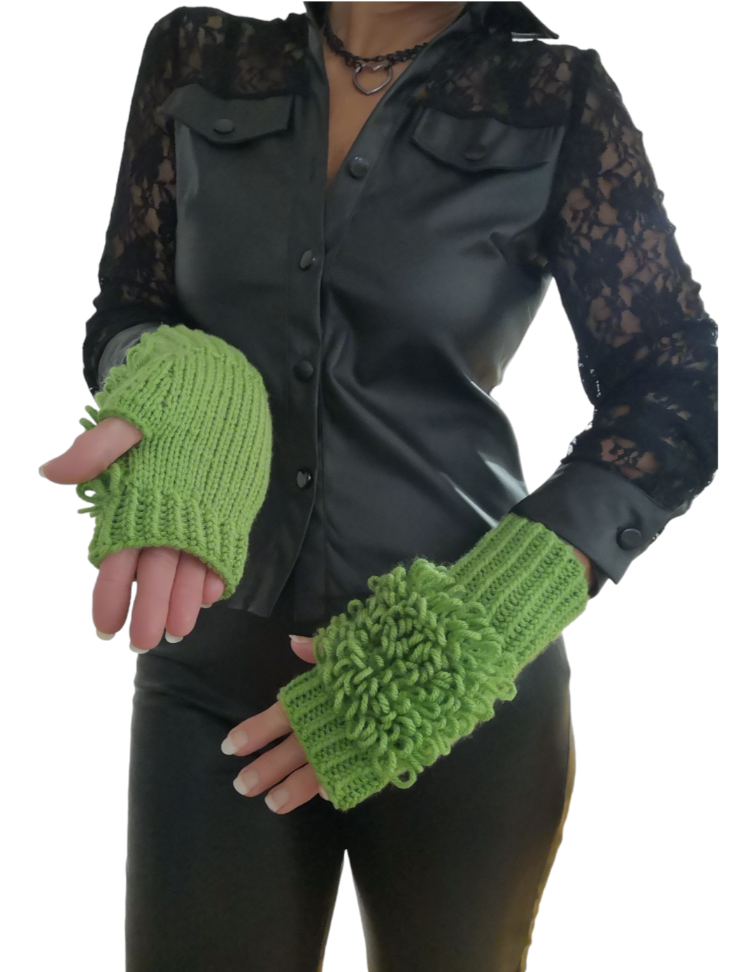 Green HandKnit Fingerless Loop Designer Gloves