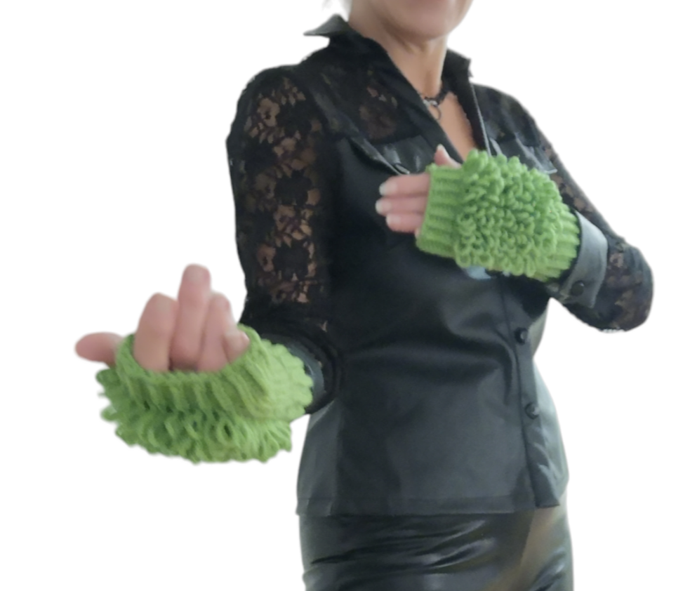 Green HandKnit Fingerless Loop Designer Gloves