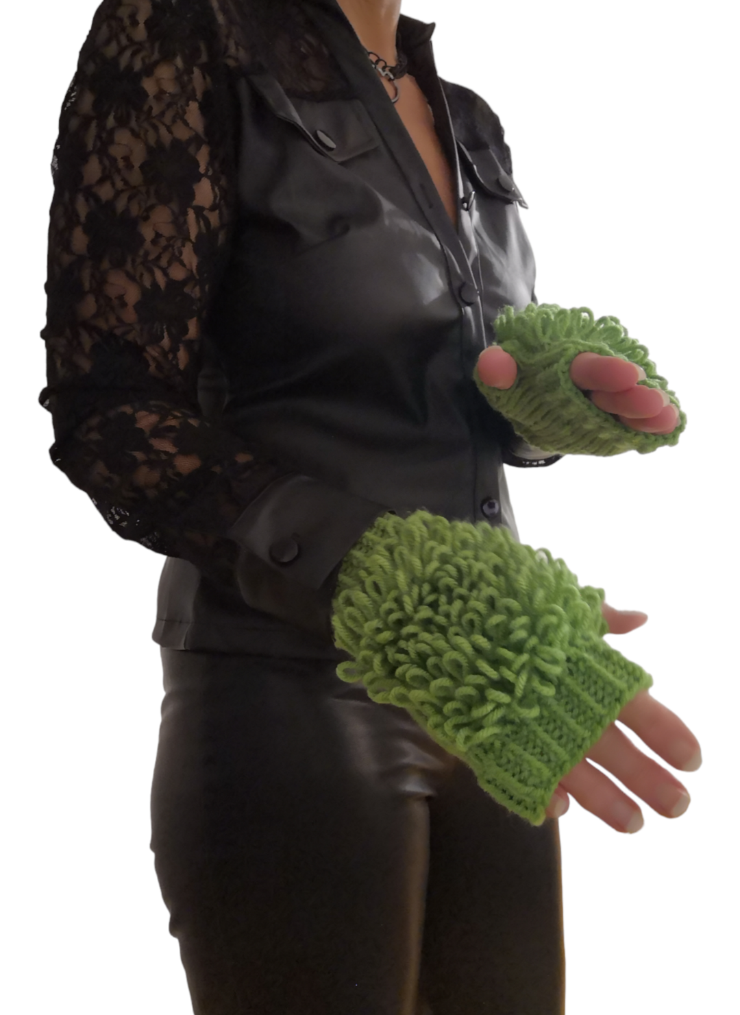 Green HandKnit Fingerless Loop Designer Gloves