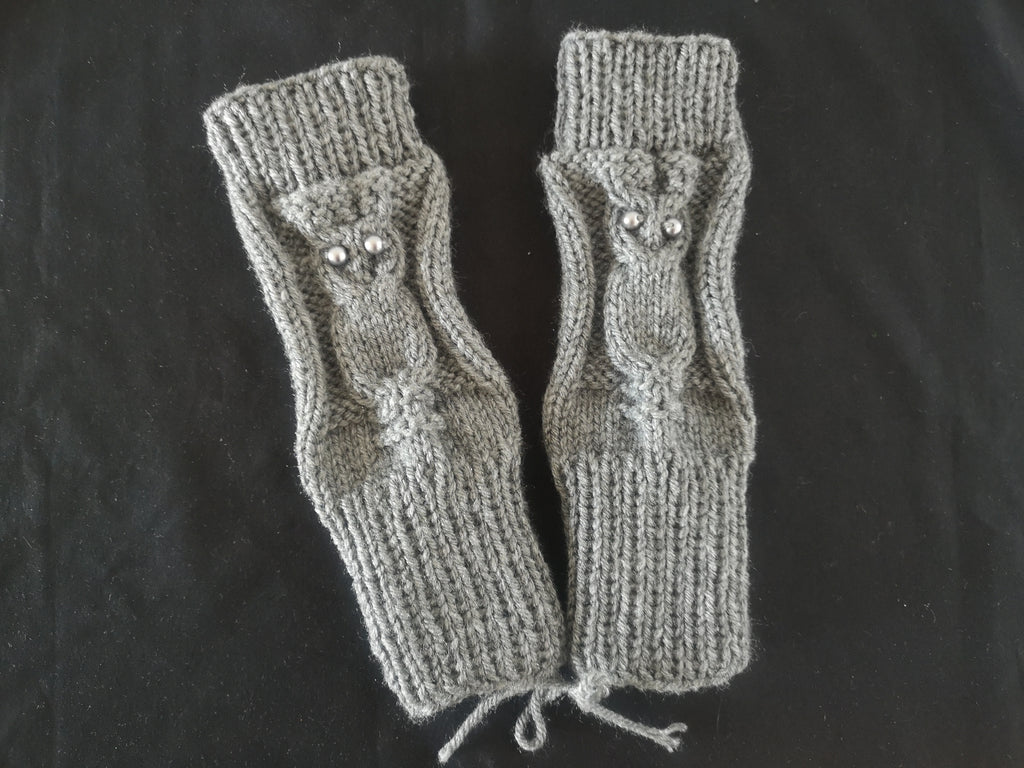 Owl Hooter Night Bird Knit Fingerless Gloves Mittens
