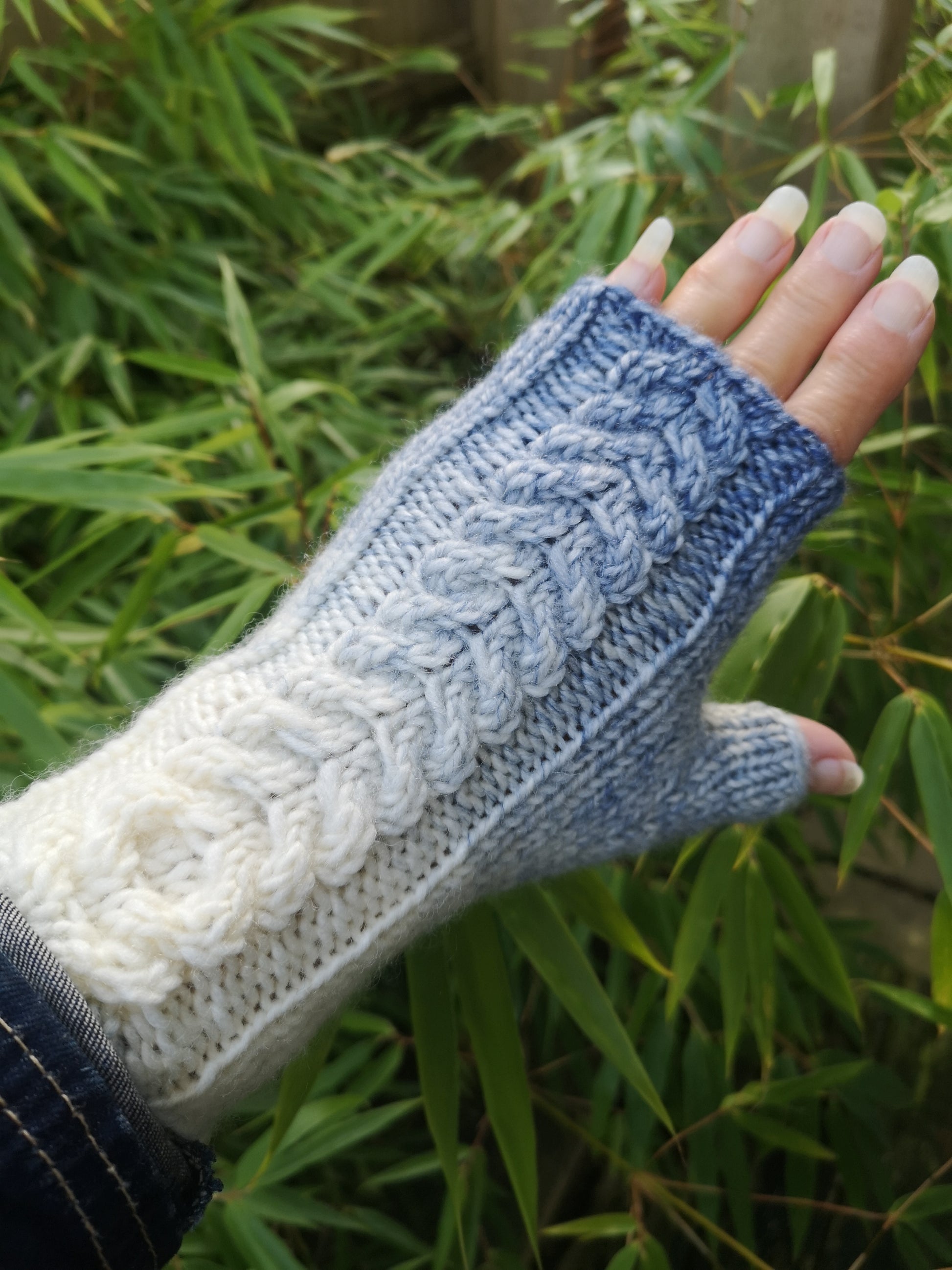 Blue Creme Wool Knit Fingerless Gloves Mittens