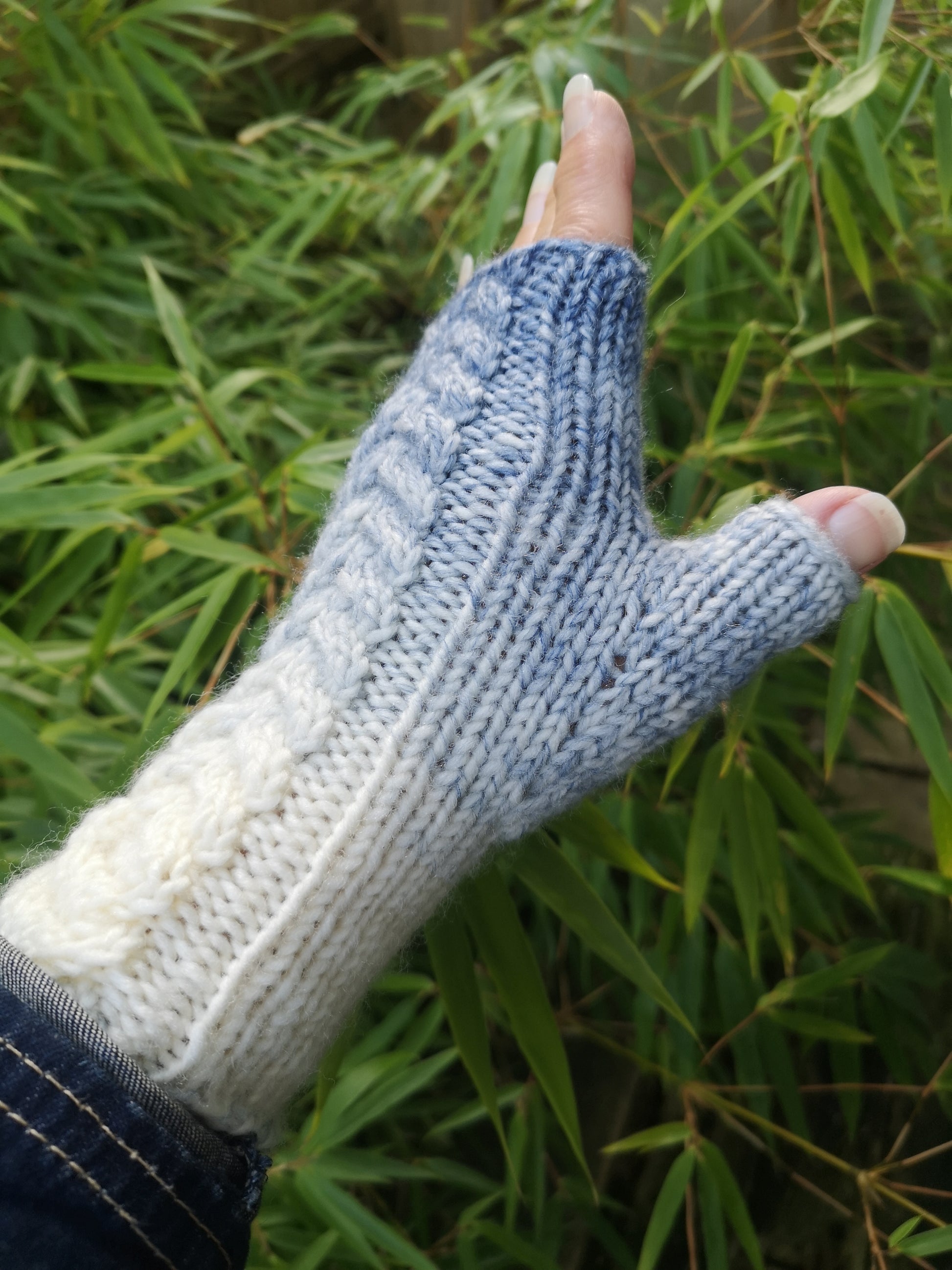 Blue Creme Wool Knit Fingerless Gloves Mittens