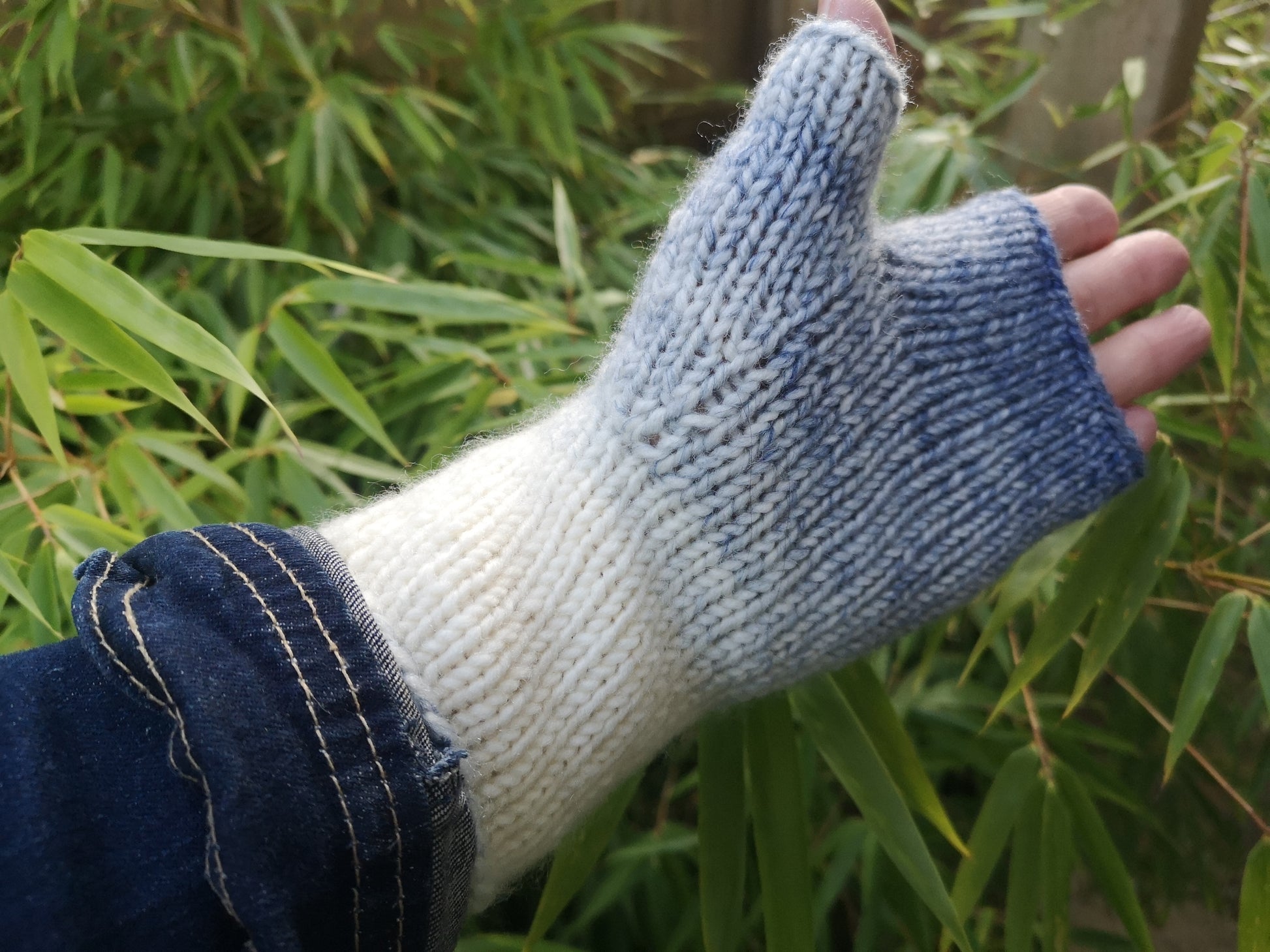 Blue Creme Wool Knit Fingerless Gloves Mittens
