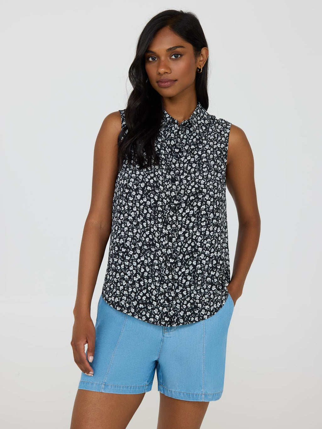 Sleeveless Floral Print Button-Front Blouse