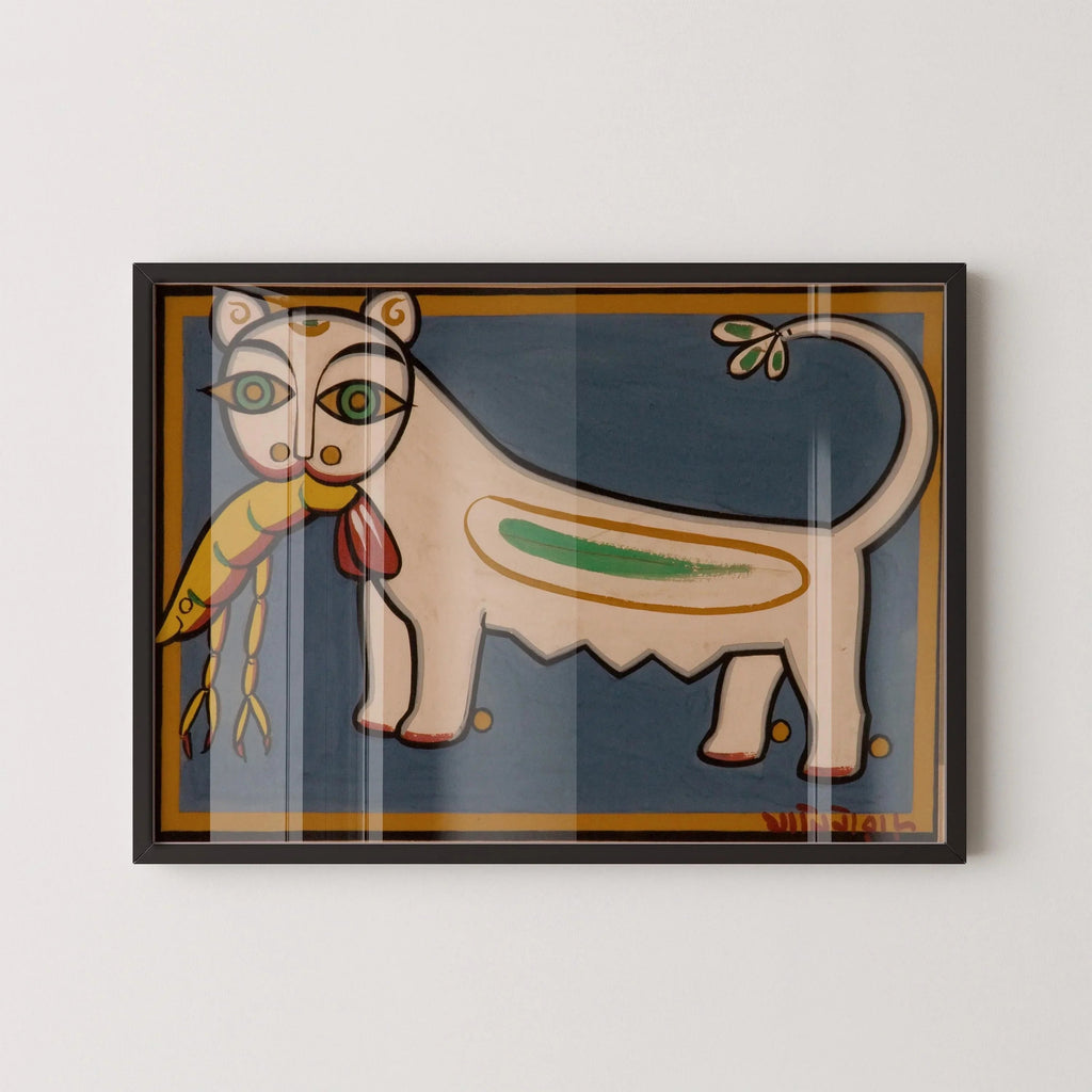 Jamini Roy - Chat et Crevette | Art bengali (disponible encadré à la main ou non encadré)