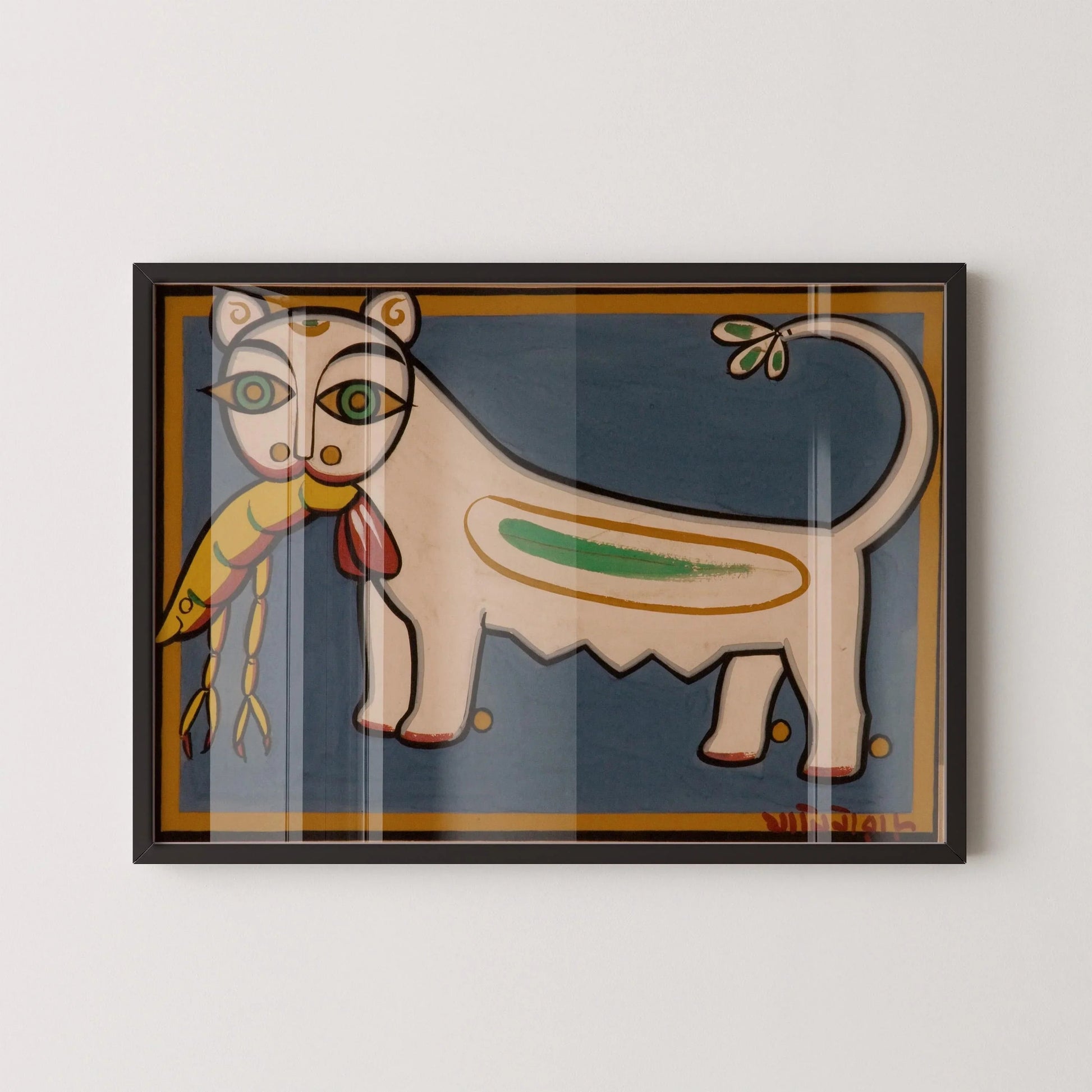 Jamini Roy - Chat et Crevette | Art bengali (disponible encadré à la main ou non encadré)