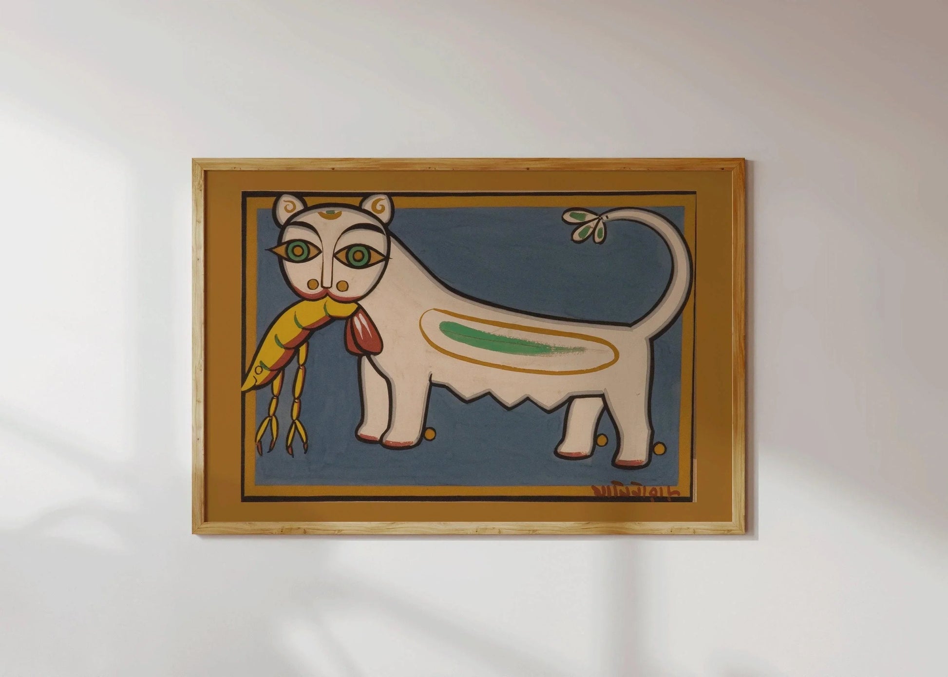 Jamini Roy - Chat et Crevette | Art bengali (disponible encadré à la main ou non encadré)