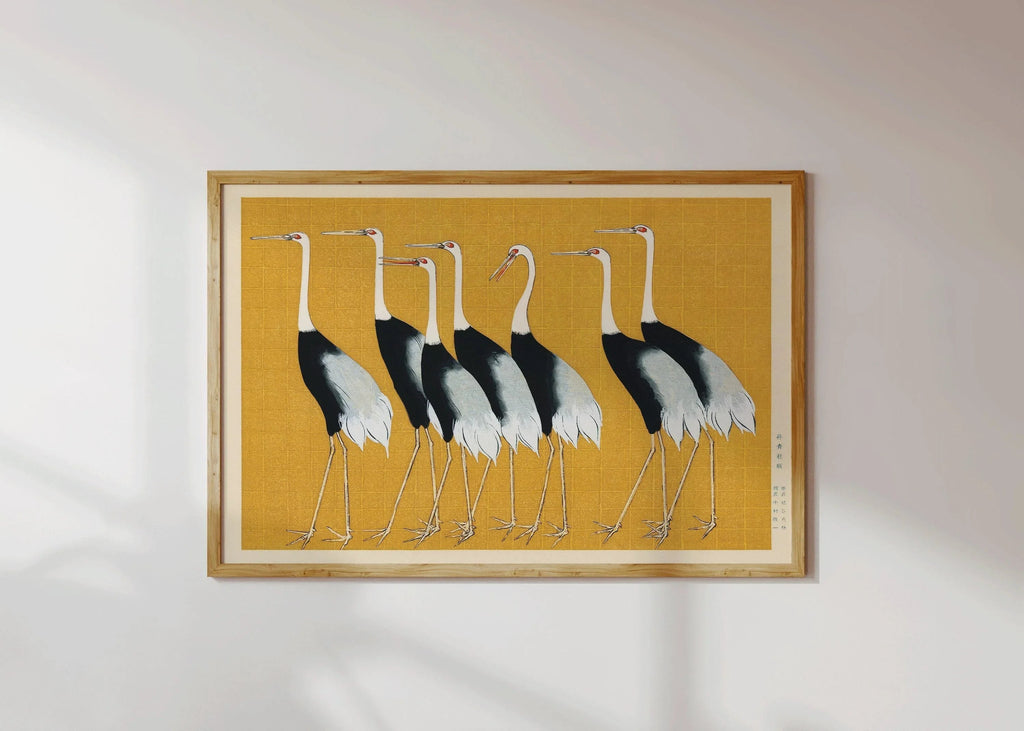 Estampes japonaises de grues : style Ukiyo-e, duo Shin Hanga jaune
