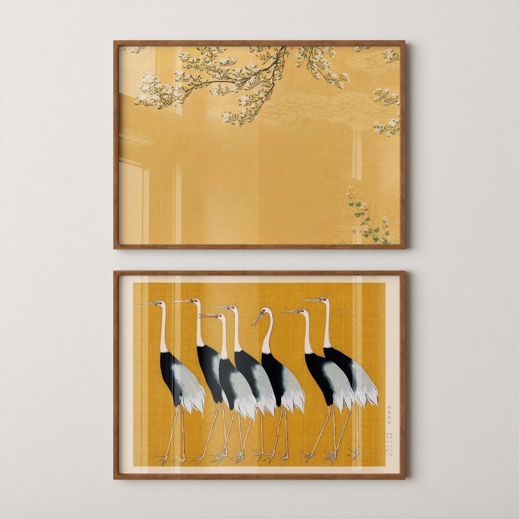 Estampes japonaises de grues : style Ukiyo-e, duo Shin Hanga jaune