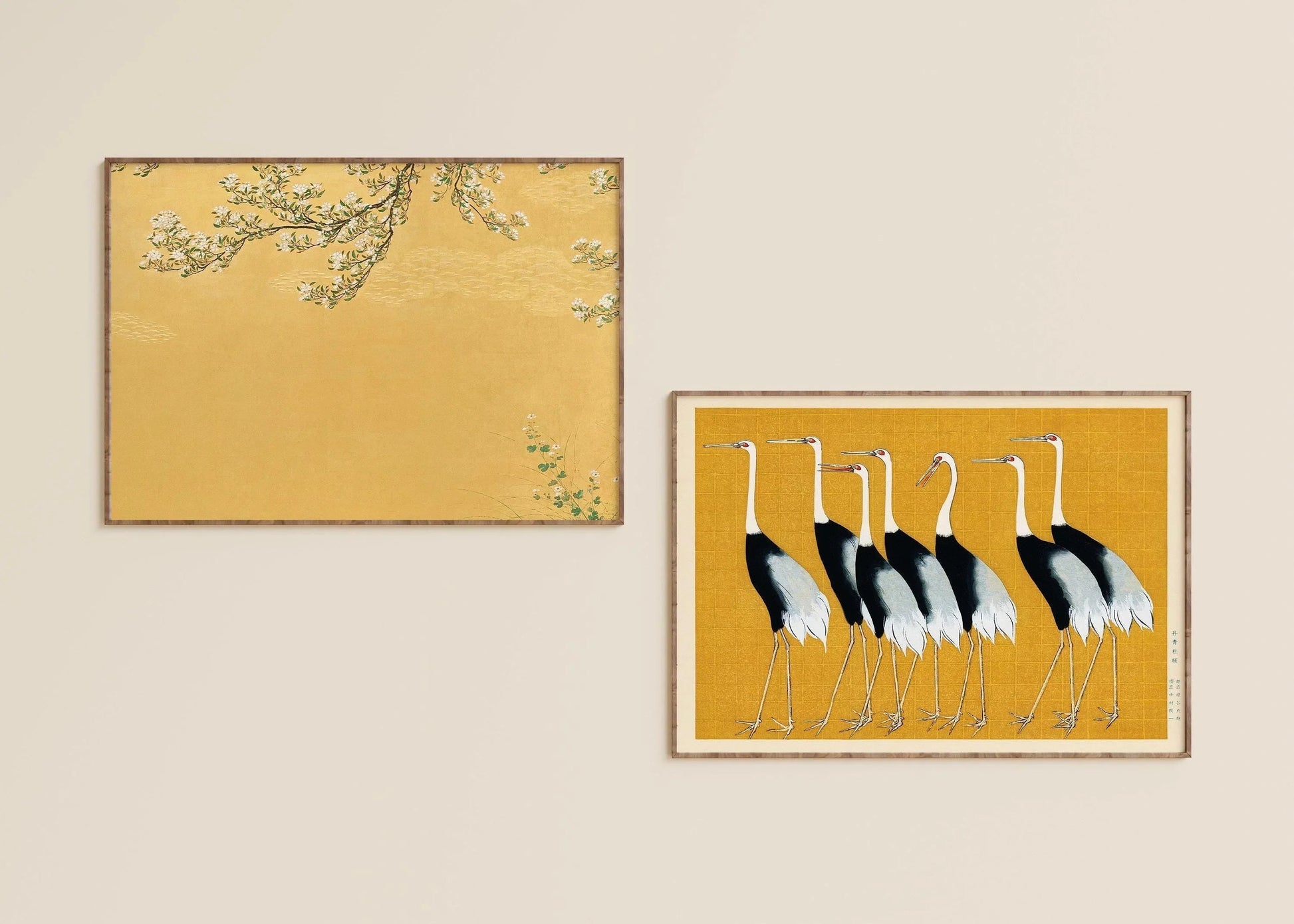 Estampes japonaises de grues : style Ukiyo-e, duo Shin Hanga jaune