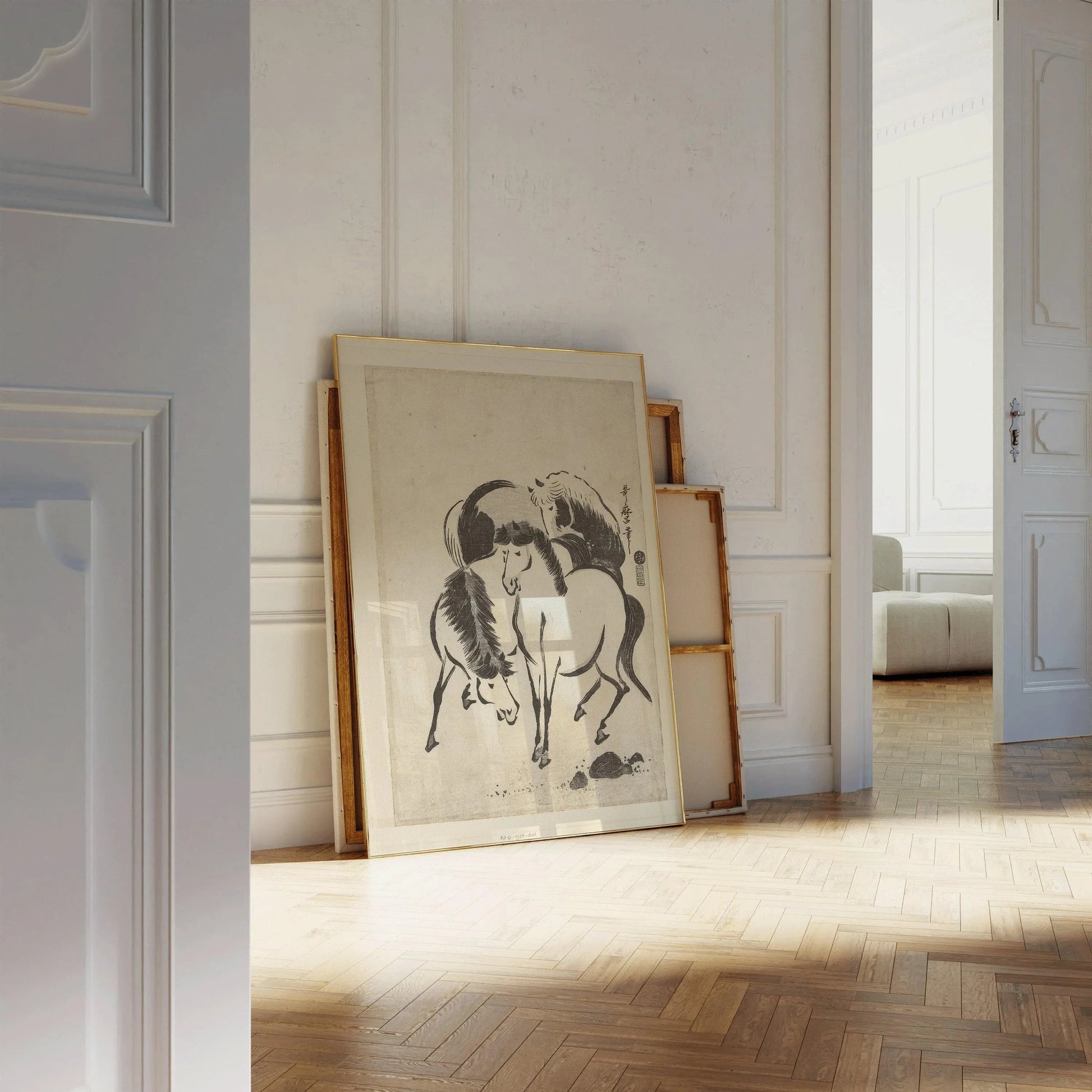 Estampe japonaise de chevaux : croquis vintage d'Utagawa Kitamaro
