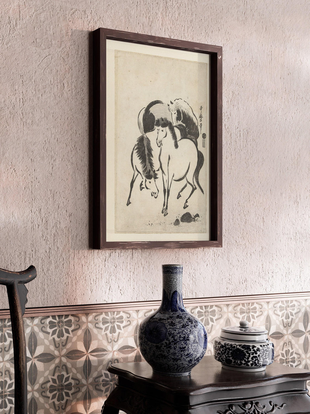 Estampe japonaise de chevaux : croquis vintage d'Utagawa Kitamaro