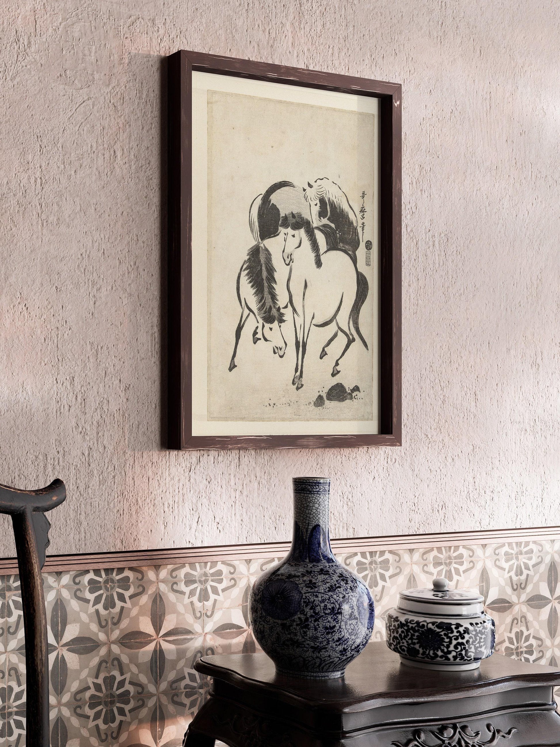Estampe japonaise de chevaux : croquis vintage d'Utagawa Kitamaro