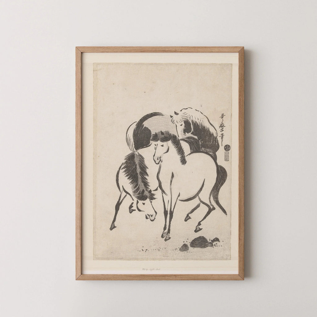 Estampe japonaise de chevaux : croquis vintage d'Utagawa Kitamaro