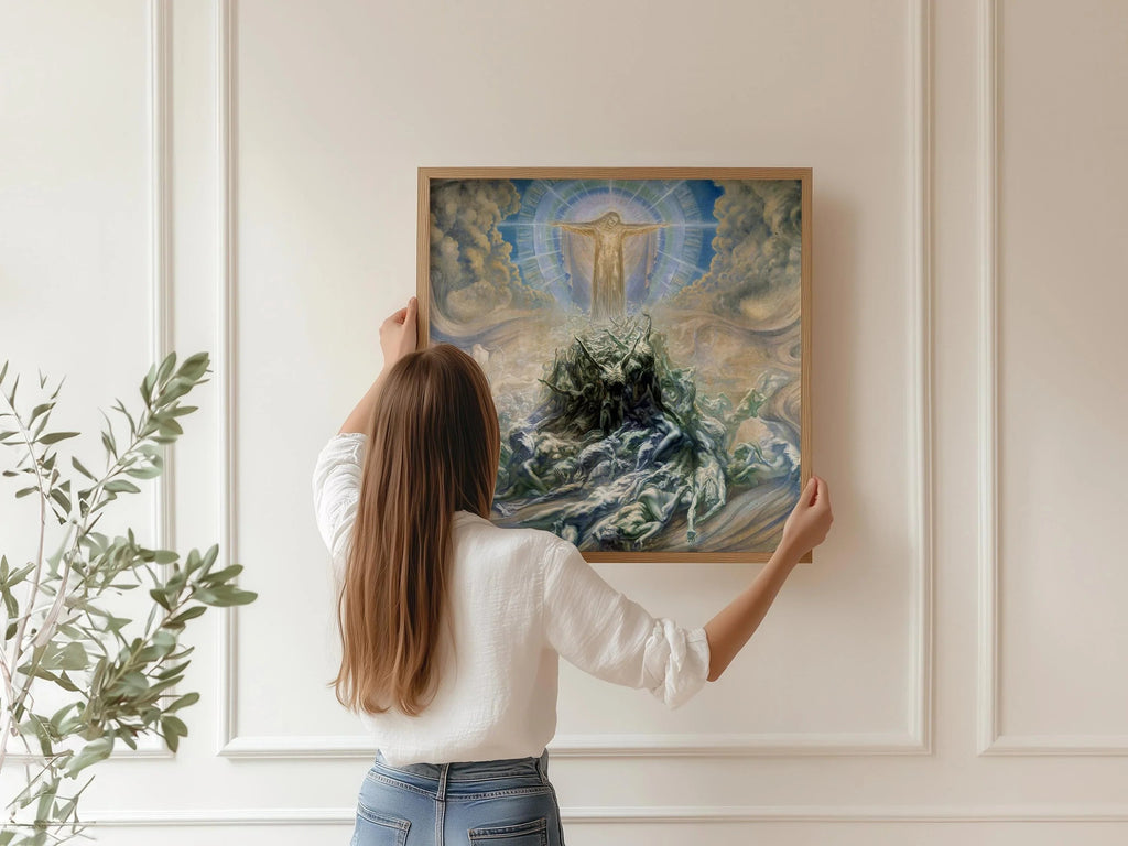 Jean Delville « Mon de Dieu » Giclee Art Print : Symbolisme ésotérique, monochrome beige