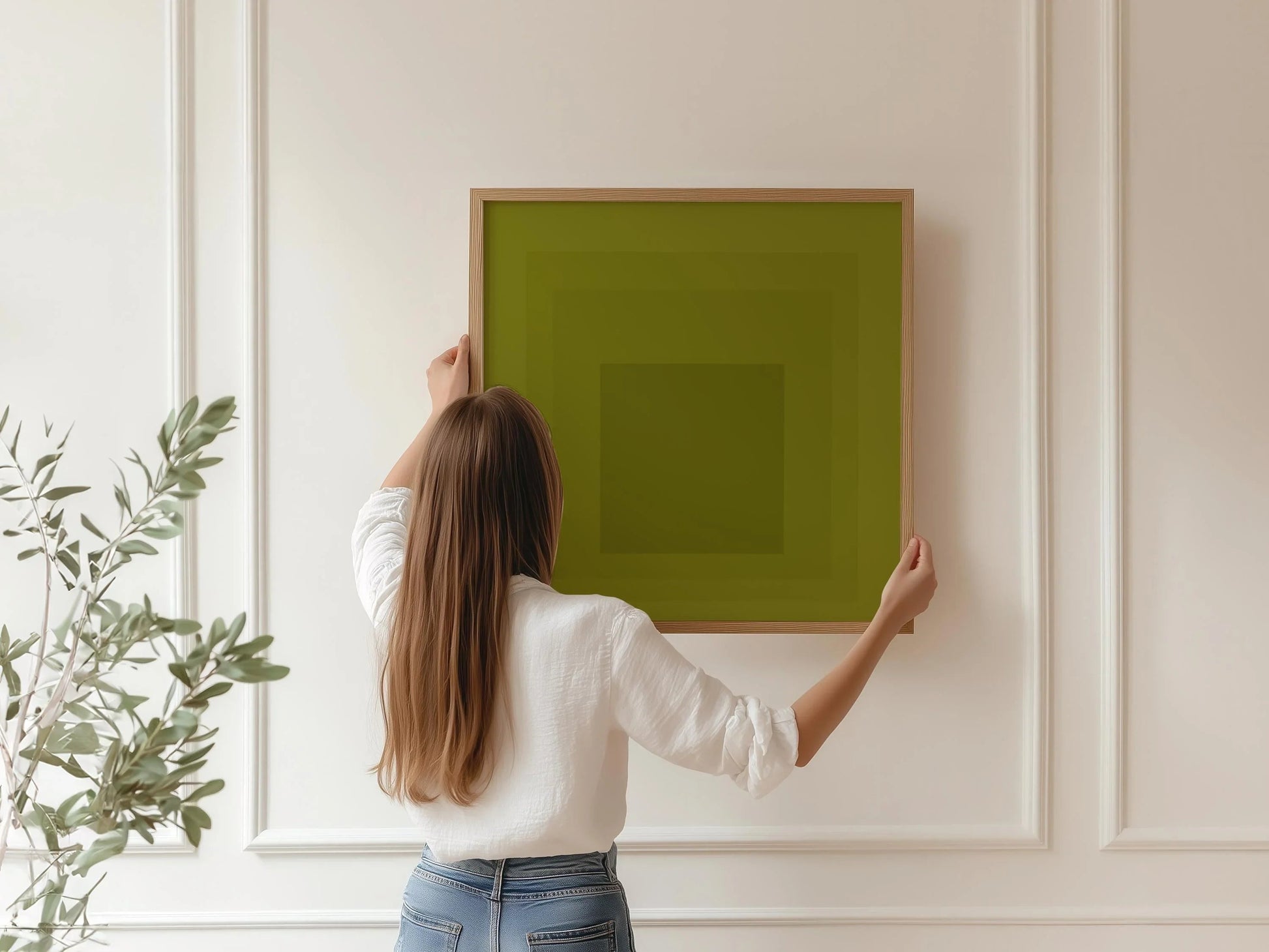 Impression giclée « Hommage au carré » inspirée par Josef Albers, art moderne du milieu du siècle, vert olive
